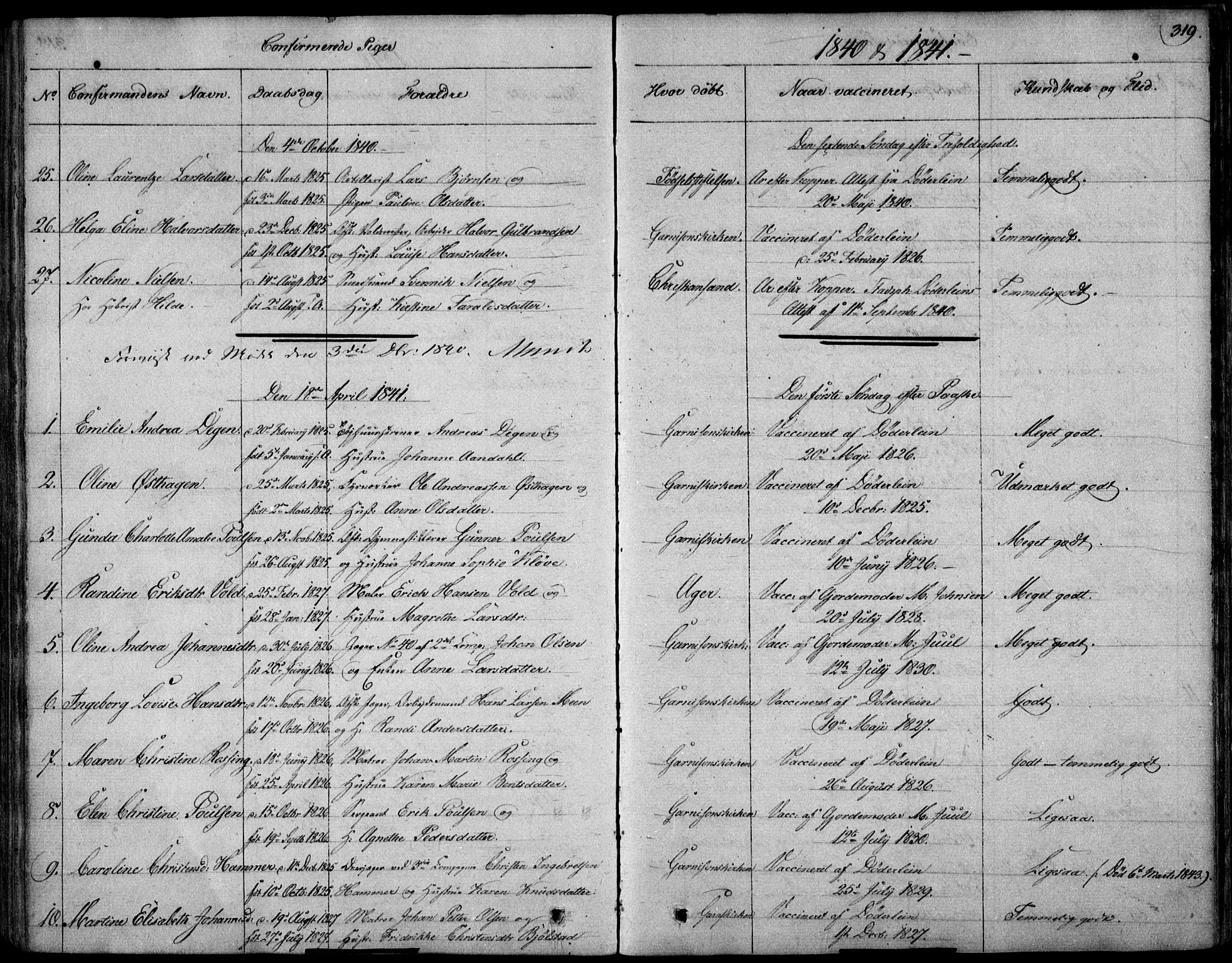 Garnisonsmenigheten Kirkebøker, SAO/A-10846/F/Fa/L0006: Parish register (official) no. 6, 1828-1841, p. 319
