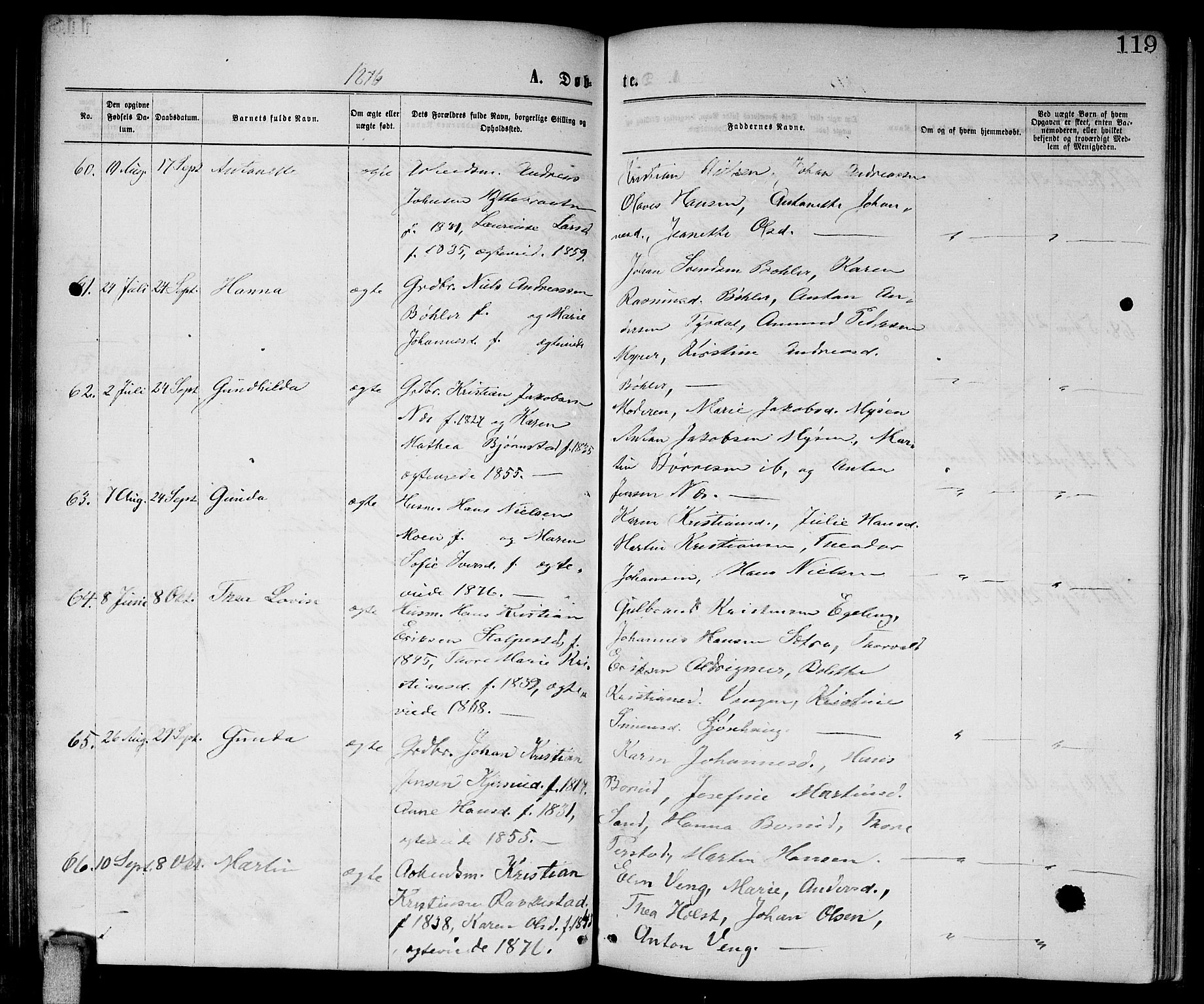 Enebakk prestekontor Kirkebøker, AV/SAO-A-10171c/G/Ga/L0005: Parish register (copy) no. I 5, 1867-1888, p. 119