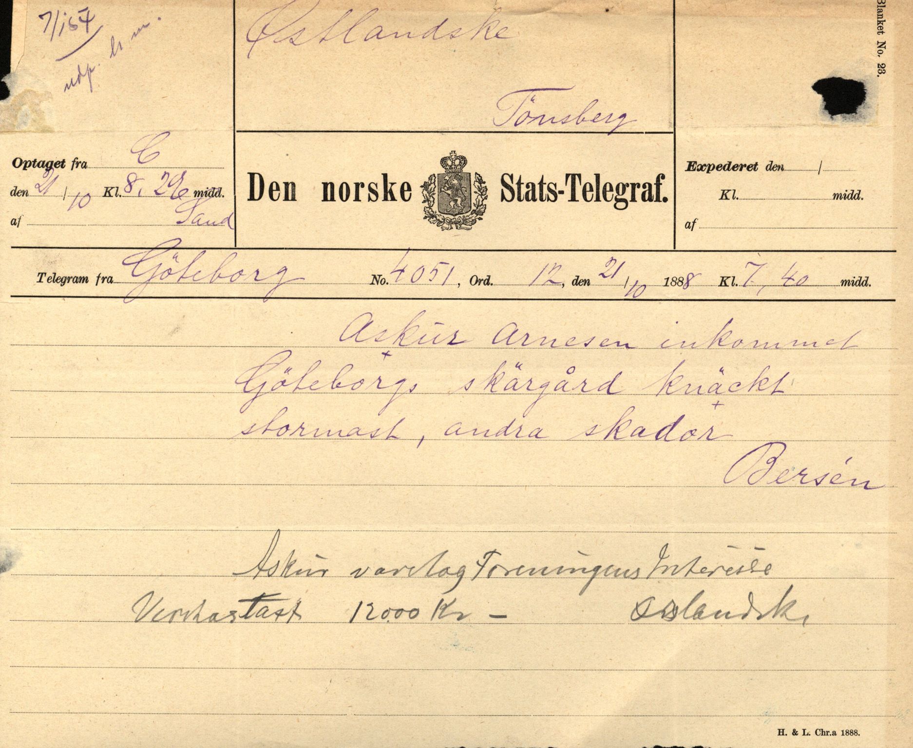 Pa 63 - Østlandske skibsassuranceforening, VEMU/A-1079/G/Ga/L0021/0009: Havaridokumenter / Anne, Elizabeth, Asker, Avenir, Bernadotte, 1888, p. 15