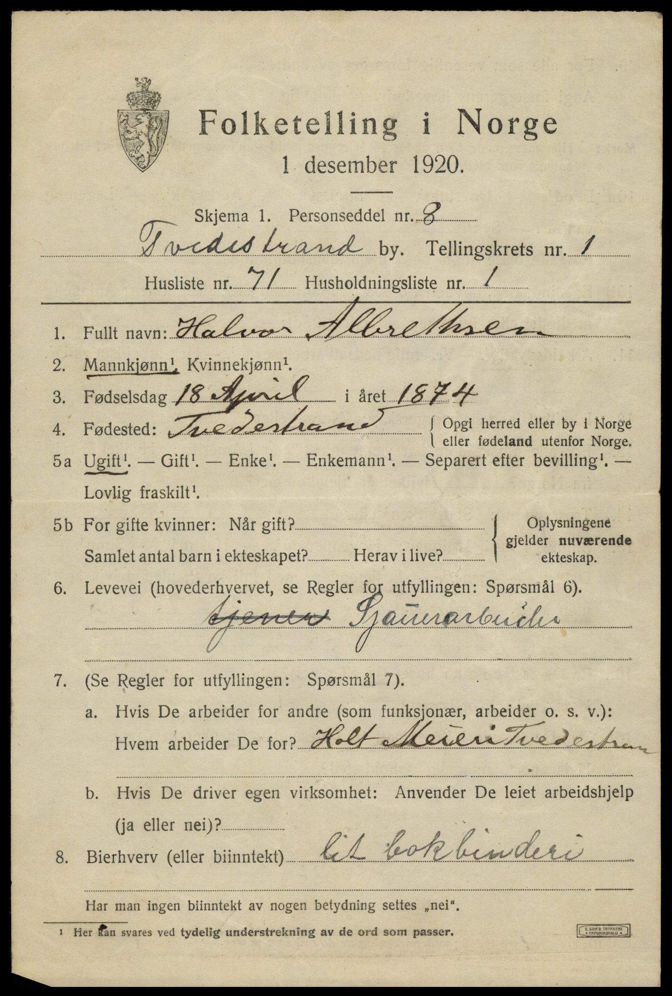 SAK, 1920 census for Tvedestrand, 1920, p. 2129