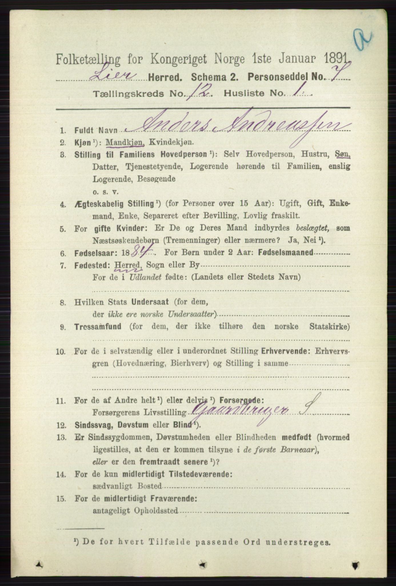 RA, 1891 census for 0626 Lier, 1891, p. 7369