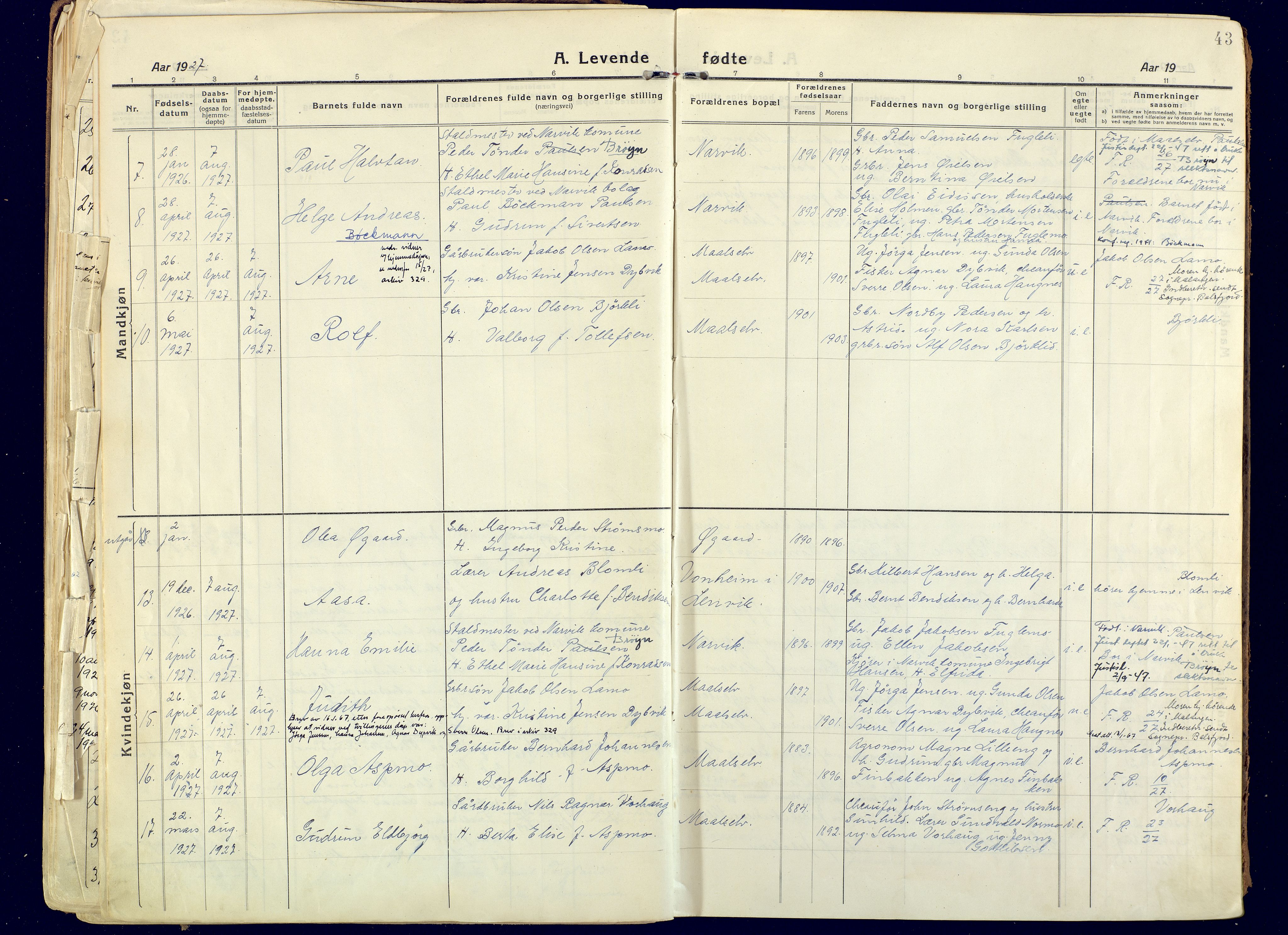 Målselv sokneprestembete, AV/SATØ-S-1311/G/Ga/Gaa/L0014kirke: Parish register (official) no. 14, 1919-1932, p. 43