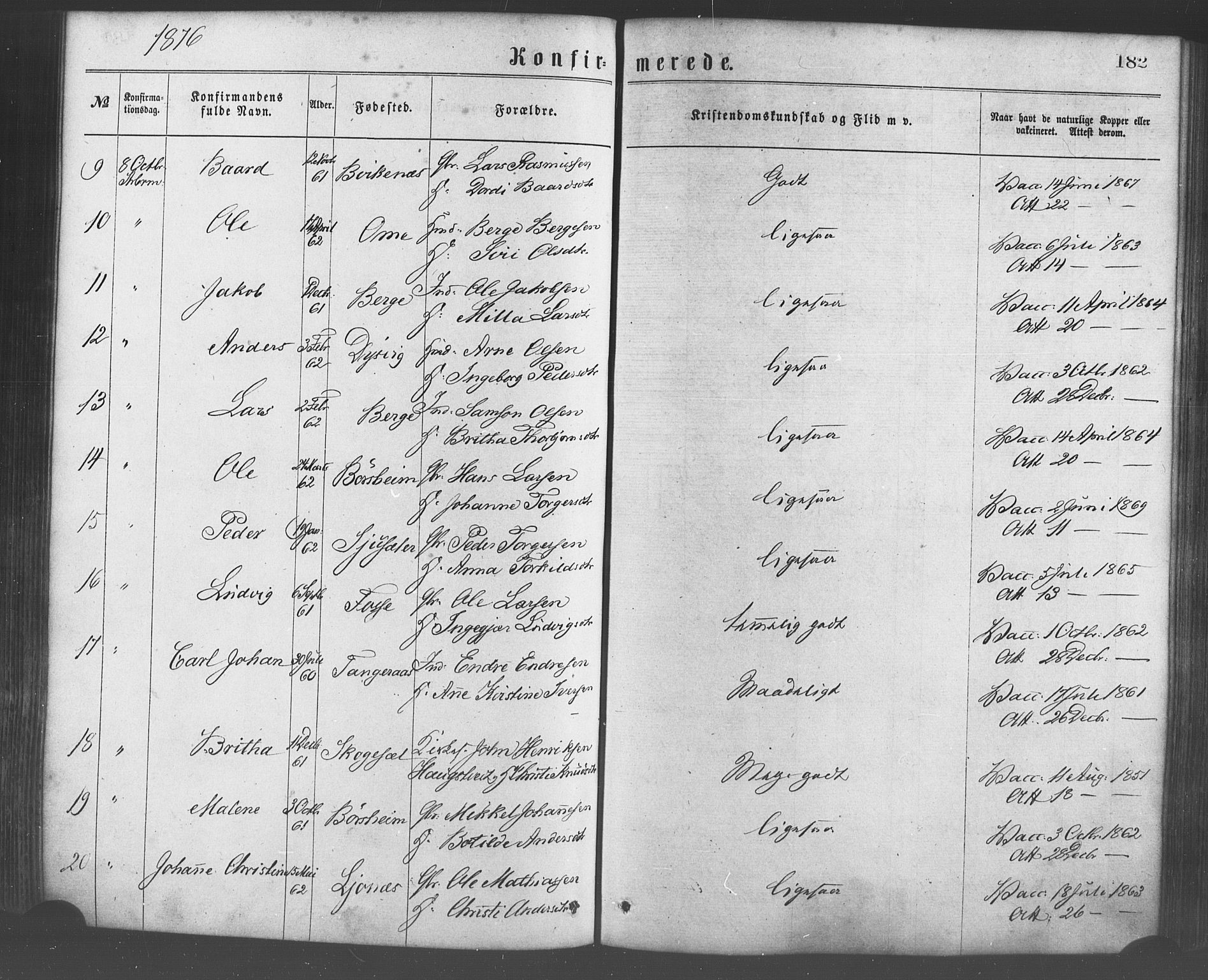 Strandebarm sokneprestembete, AV/SAB-A-78401/H/Haa: Parish register (official) no. A 9, 1872-1886, p. 182