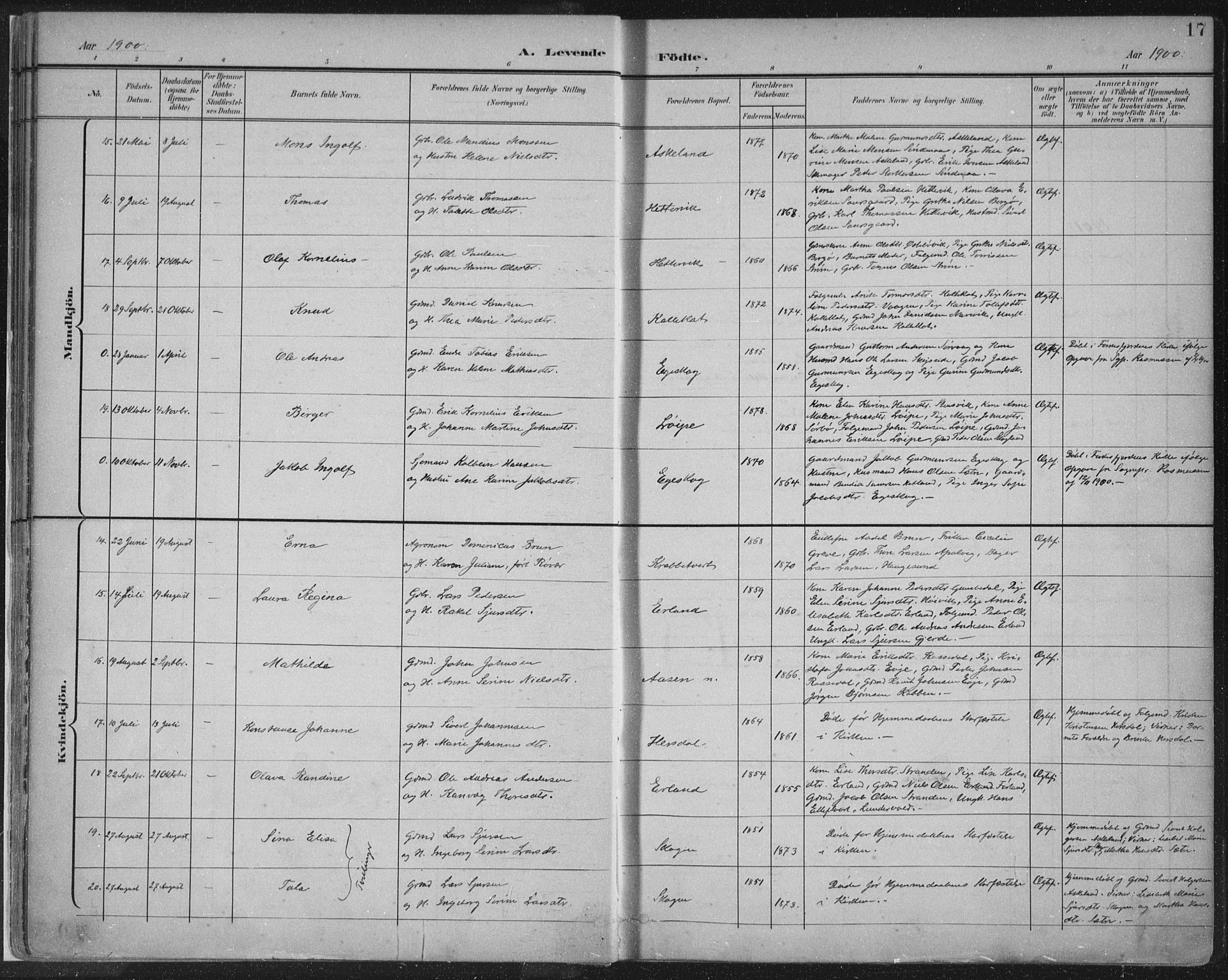 Tysvær sokneprestkontor, AV/SAST-A -101864/H/Ha/Haa/L0008: Parish register (official) no. A 8, 1897-1918, p. 17