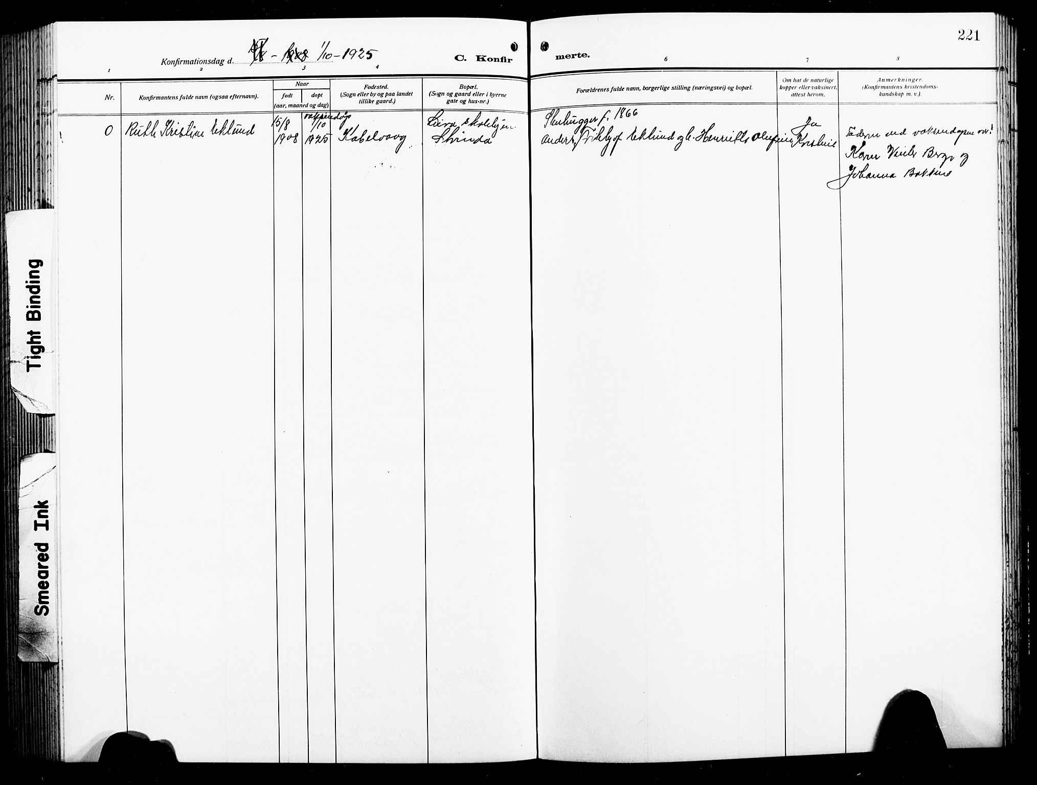 Ministerialprotokoller, klokkerbøker og fødselsregistre - Nordland, AV/SAT-A-1459/874/L1080: Parish register (copy) no. 874C09, 1915-1925, p. 221