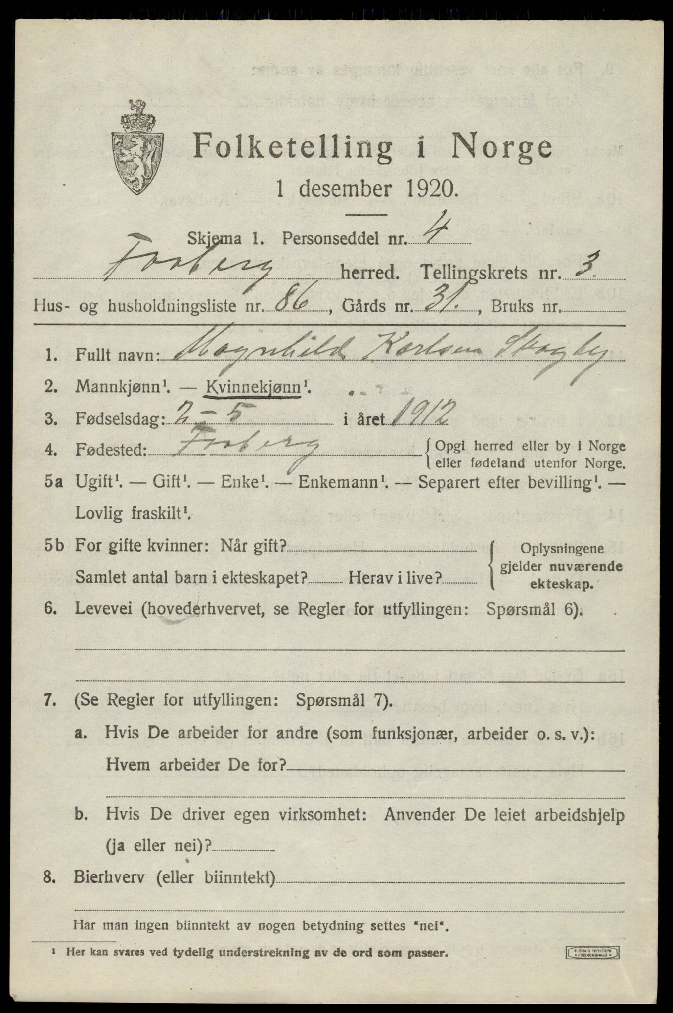 SAH, 1920 census for Fåberg, 1920, p. 4482