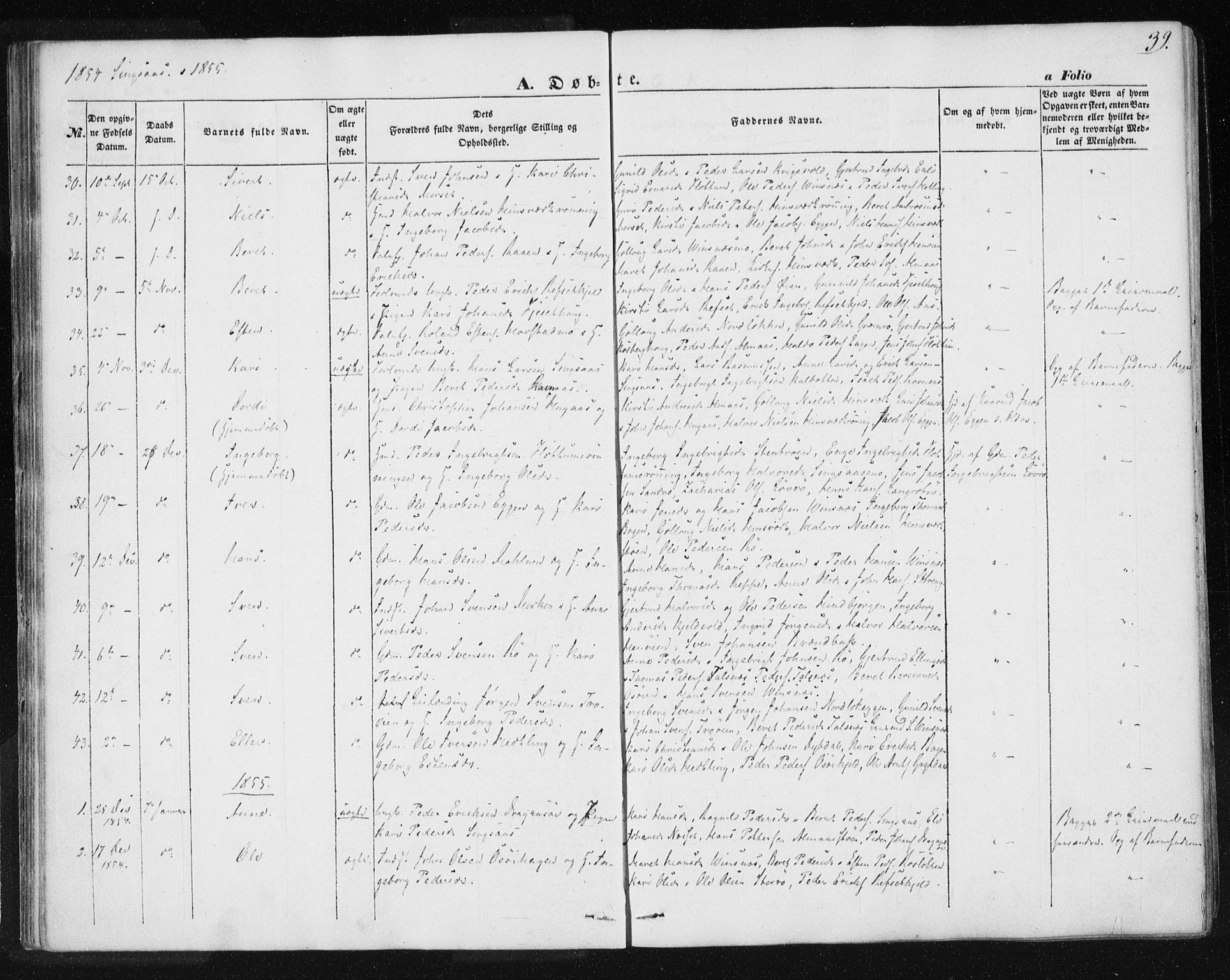 Ministerialprotokoller, klokkerbøker og fødselsregistre - Sør-Trøndelag, SAT/A-1456/685/L0964: Parish register (official) no. 685A06 /2, 1846-1859, p. 39