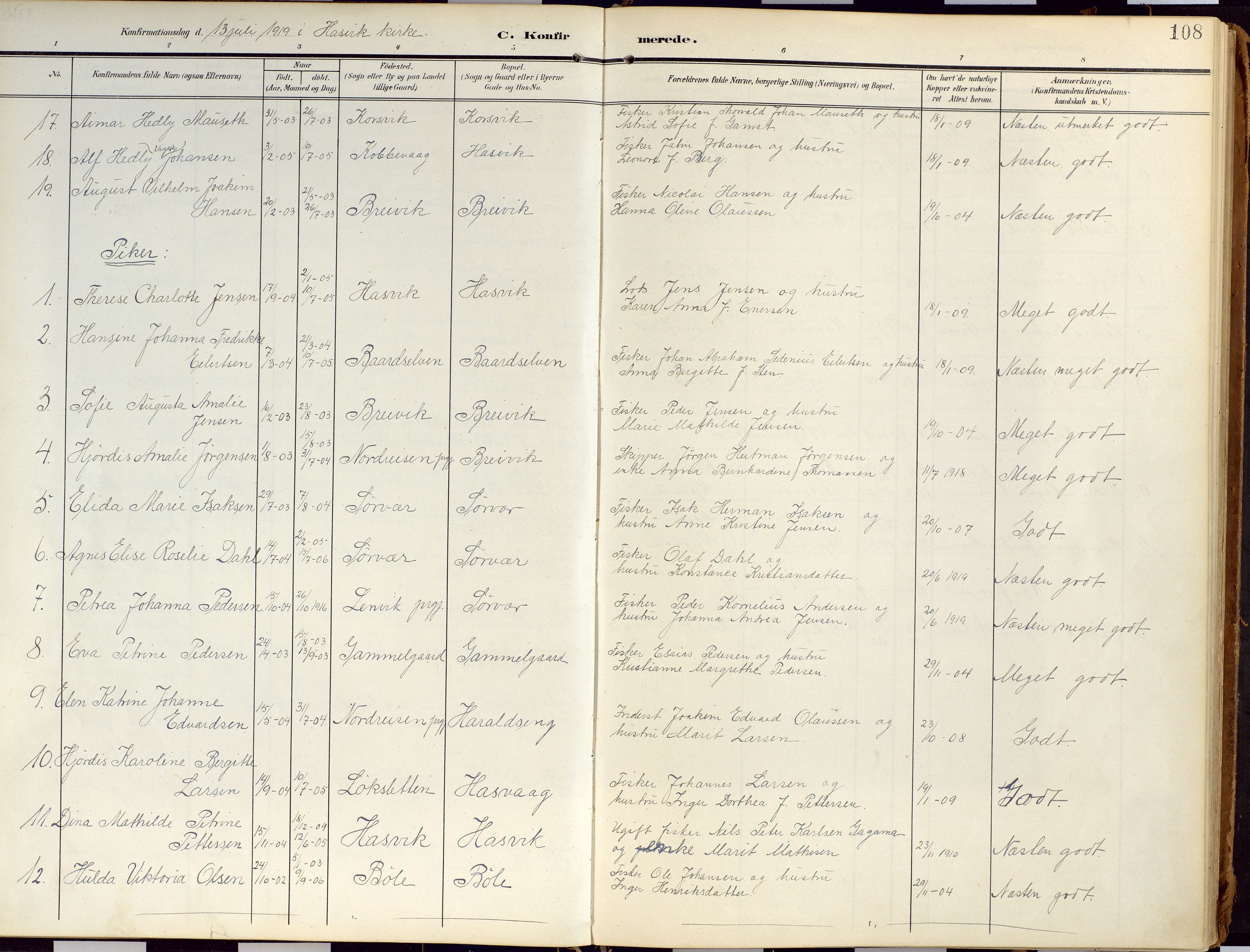 Loppa sokneprestkontor, SATØ/S-1339/H/Ha/L0010kirke: Parish register (official) no. 10, 1907-1922, p. 108