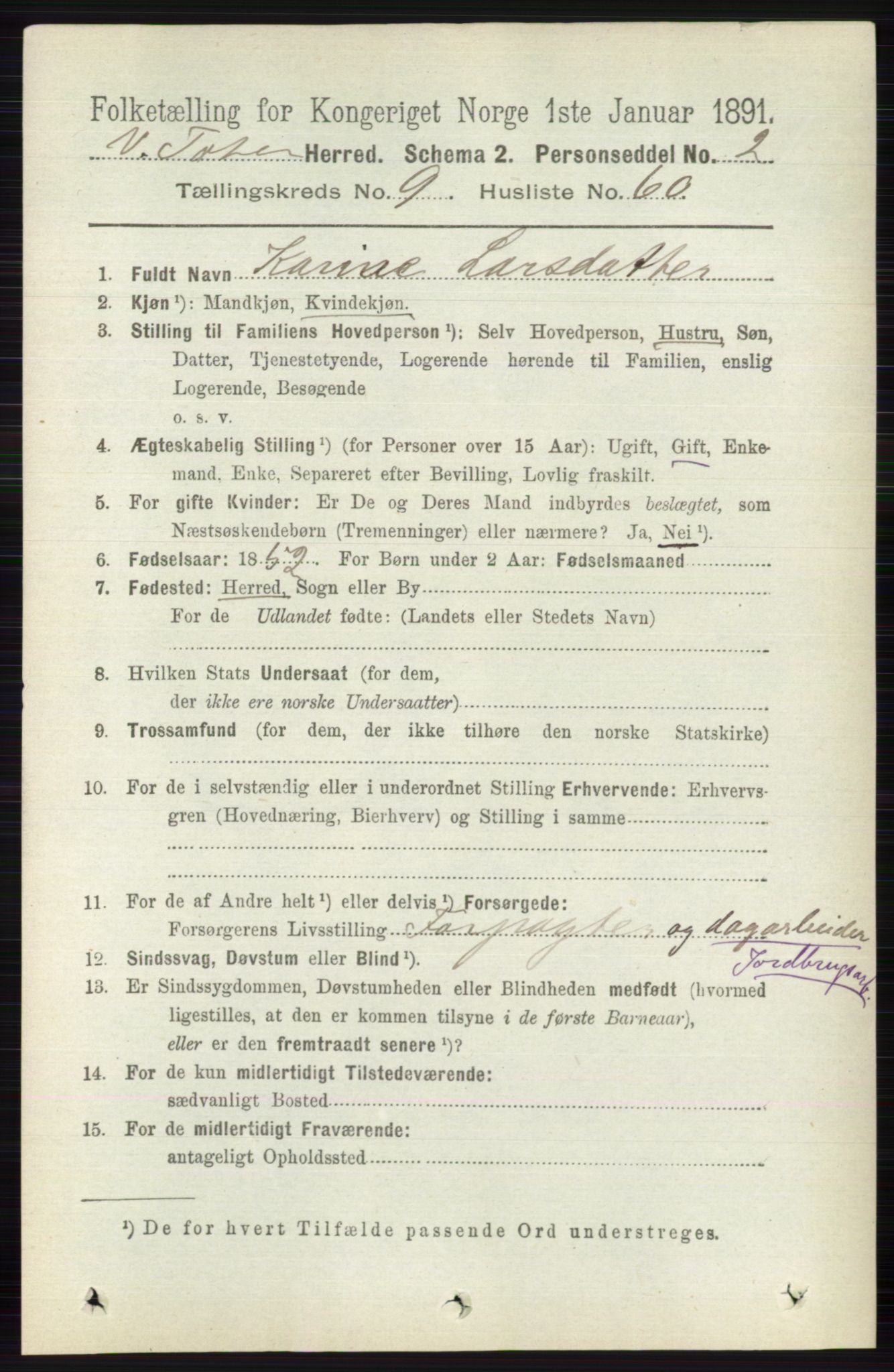 RA, 1891 census for 0529 Vestre Toten, 1891, p. 5930