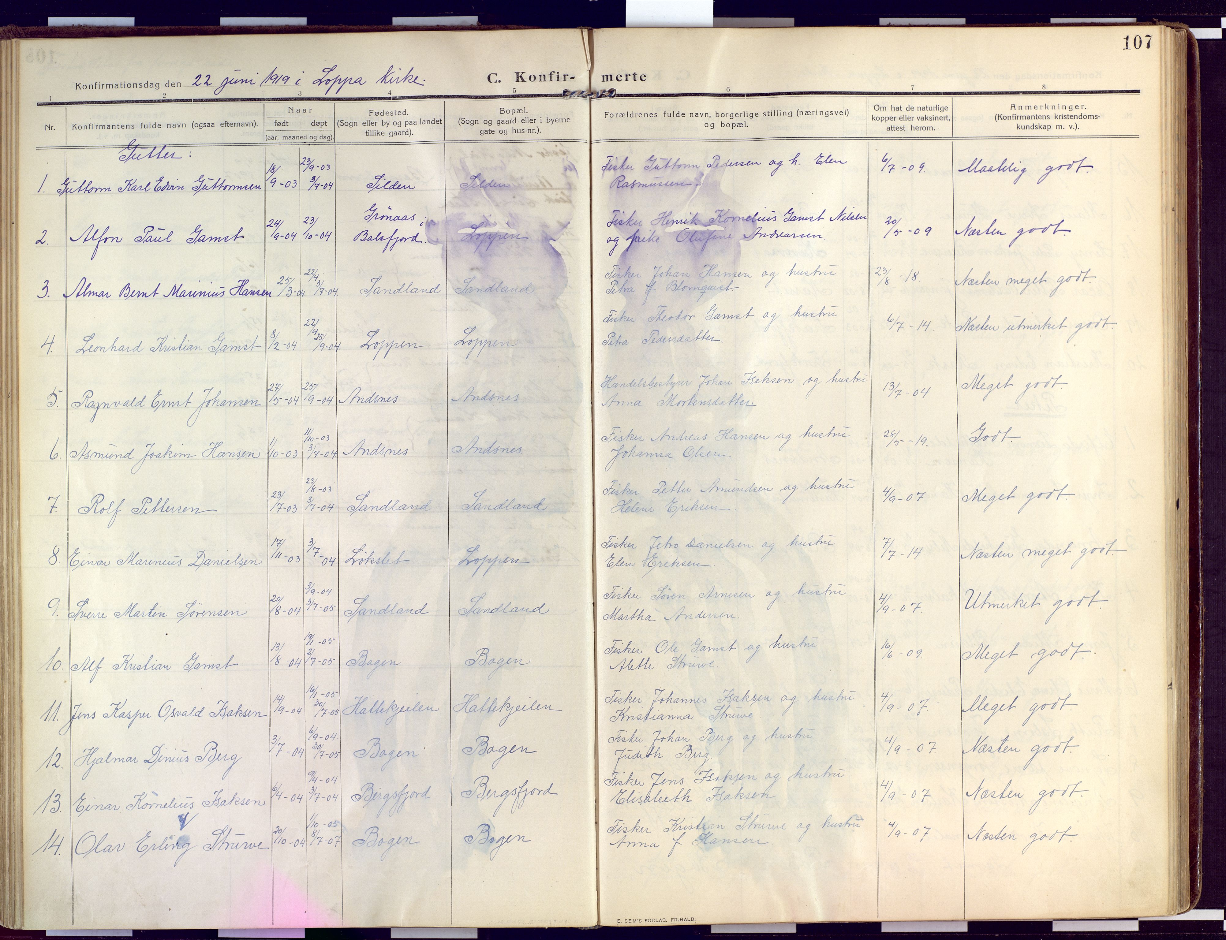 Loppa sokneprestkontor, SATØ/S-1339/H/Ha/L0011kirke: Parish register (official) no. 11, 1909-1919, p. 107