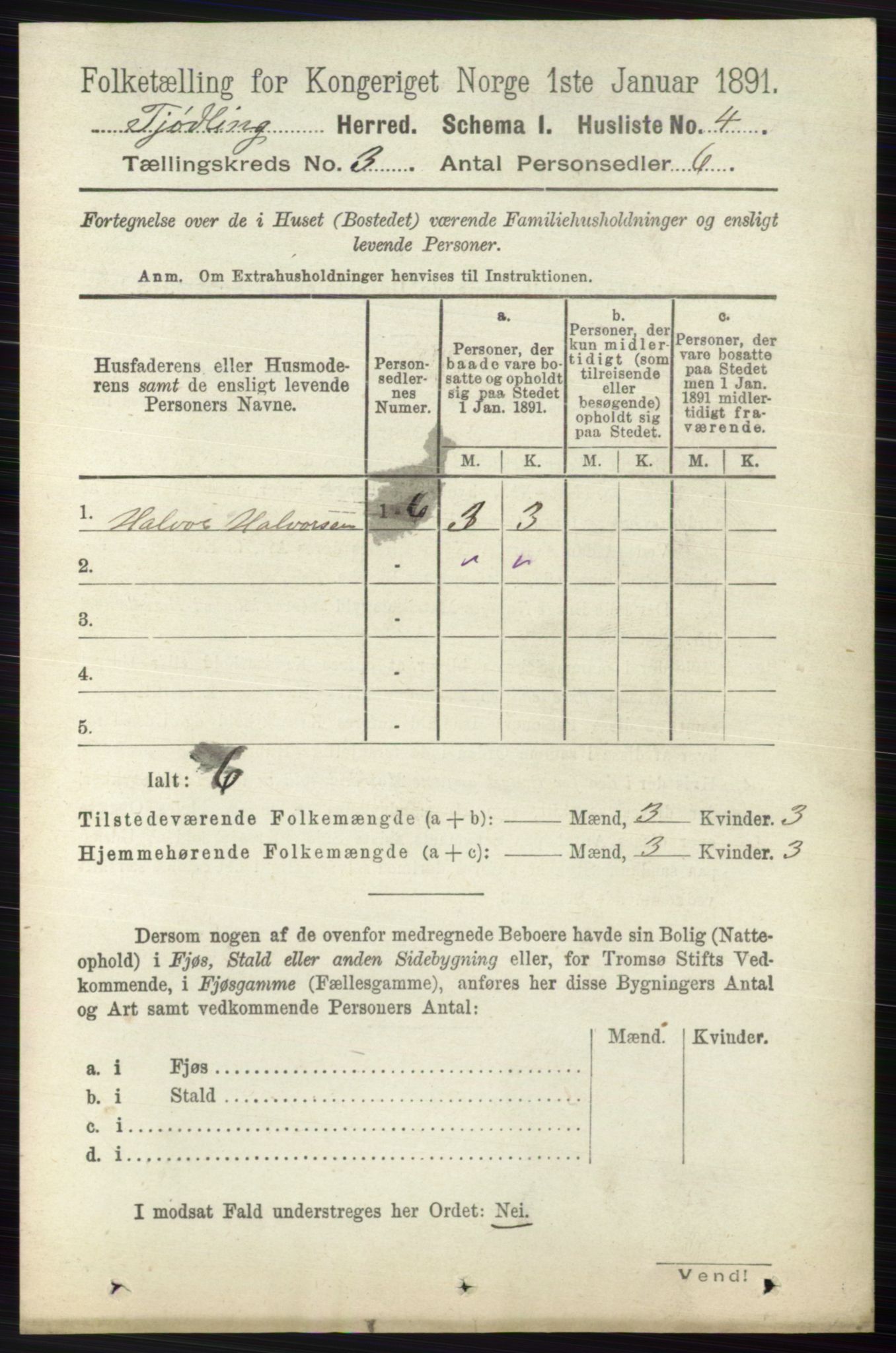 RA, 1891 census for 0725 Tjølling, 1891, p. 829