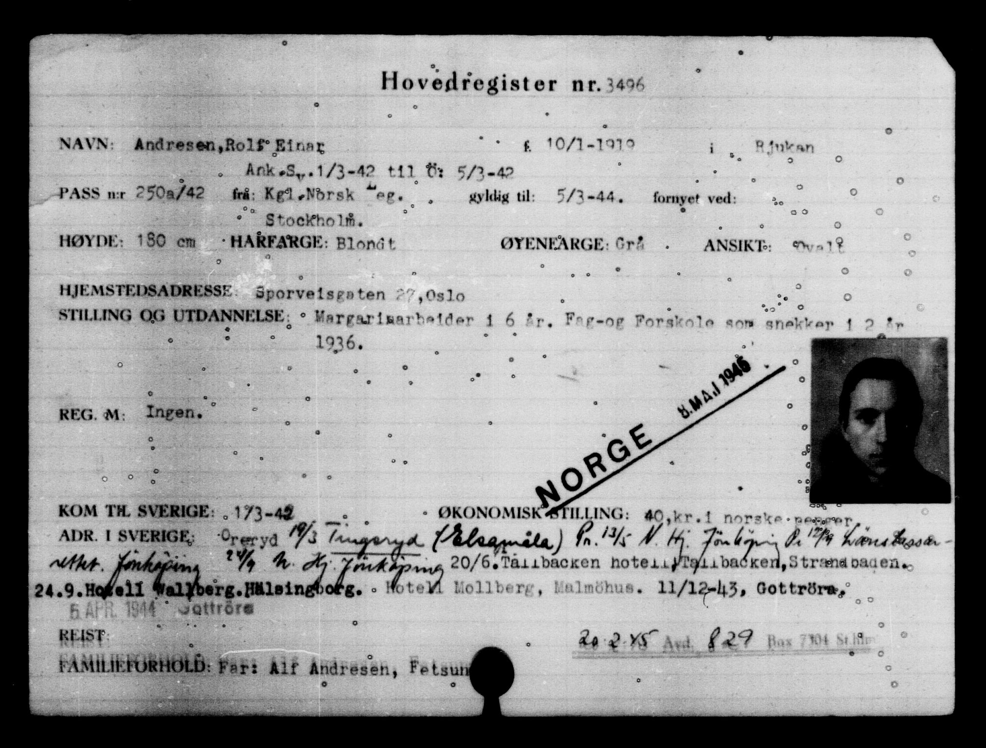 Utenriksstasjonene, Legasjonen i Stockholm, Flyktningkontoret, AV/RA-S-6753/V/Va/L0004: Kjesäterkartoteket, flyktninger med registreringsnr. 3496-6610, 1940-1945, p. 2