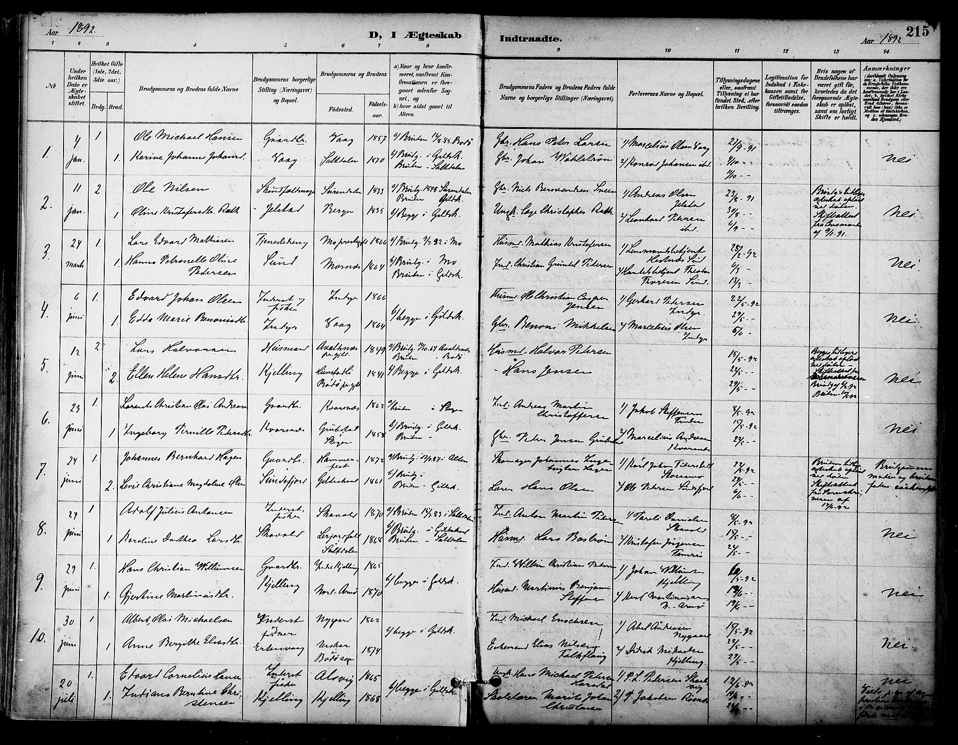 Ministerialprotokoller, klokkerbøker og fødselsregistre - Nordland, SAT/A-1459/805/L0101: Parish register (official) no. 805A07, 1892-1899, p. 215