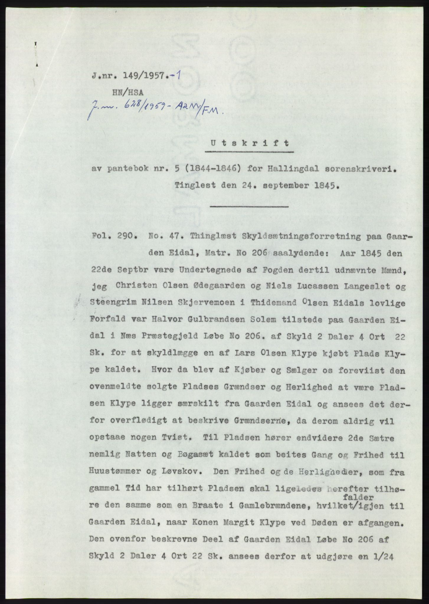 Statsarkivet i Kongsberg, AV/SAKO-A-0001/E/Ee/L0008: Avskrifter, SAO jnr. 1203/1956 - 344/1957, 1956-1957, p. 194