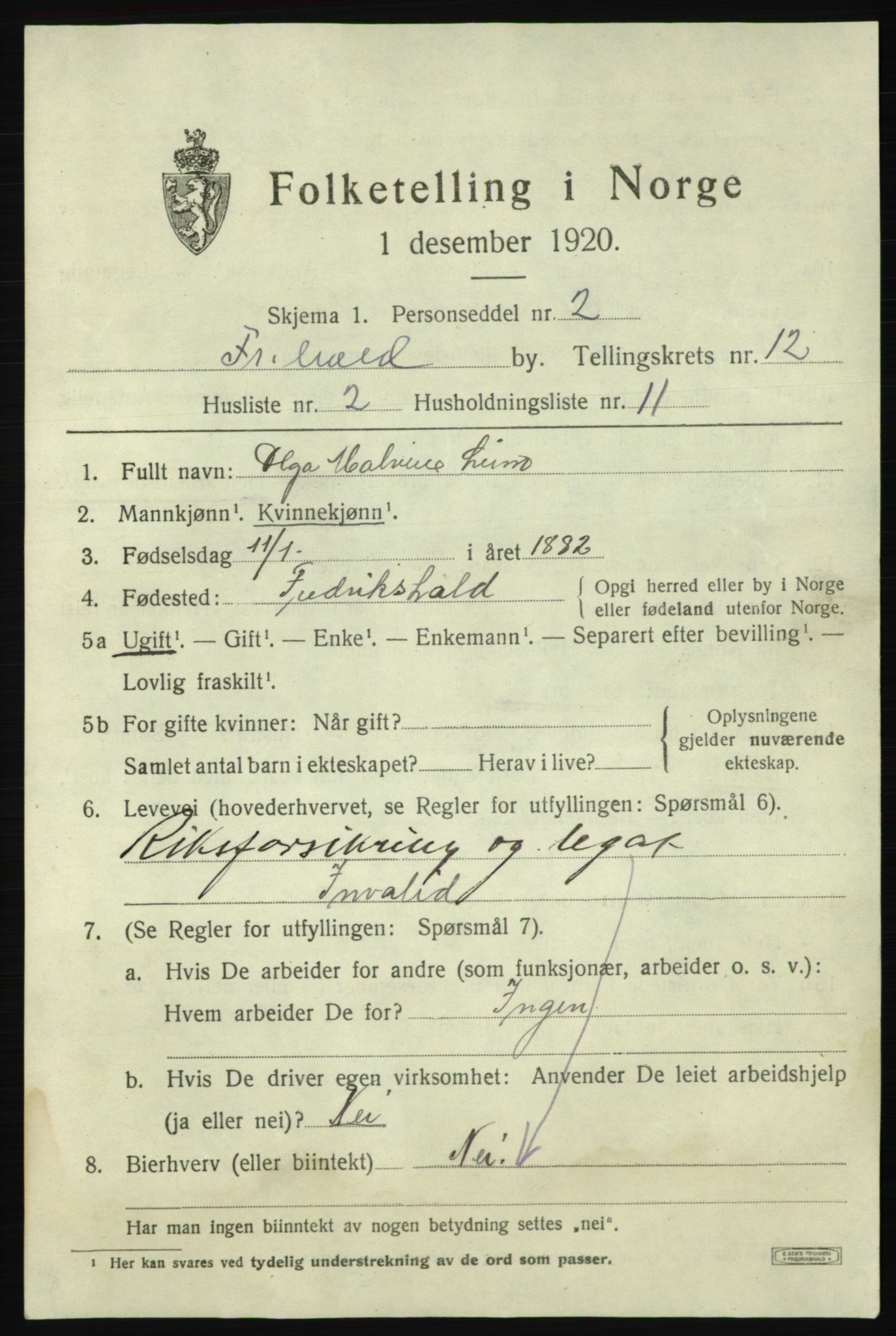 SAO, 1920 census for Fredrikshald, 1920, p. 19933