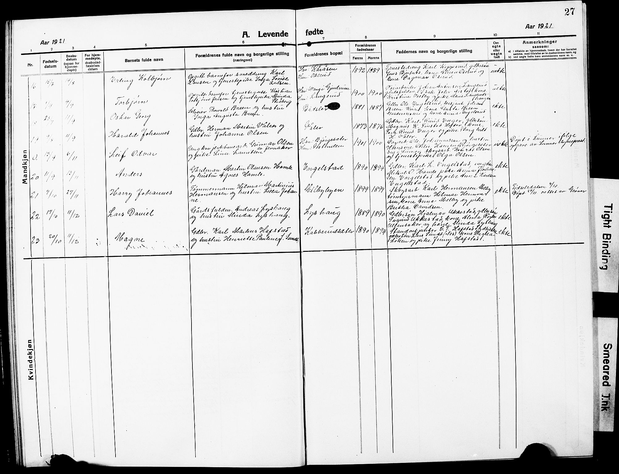 Nannestad prestekontor Kirkebøker, SAO/A-10414a/G/Ga/L0003: Parish register (copy) no. I 3, 1914-1929, p. 27