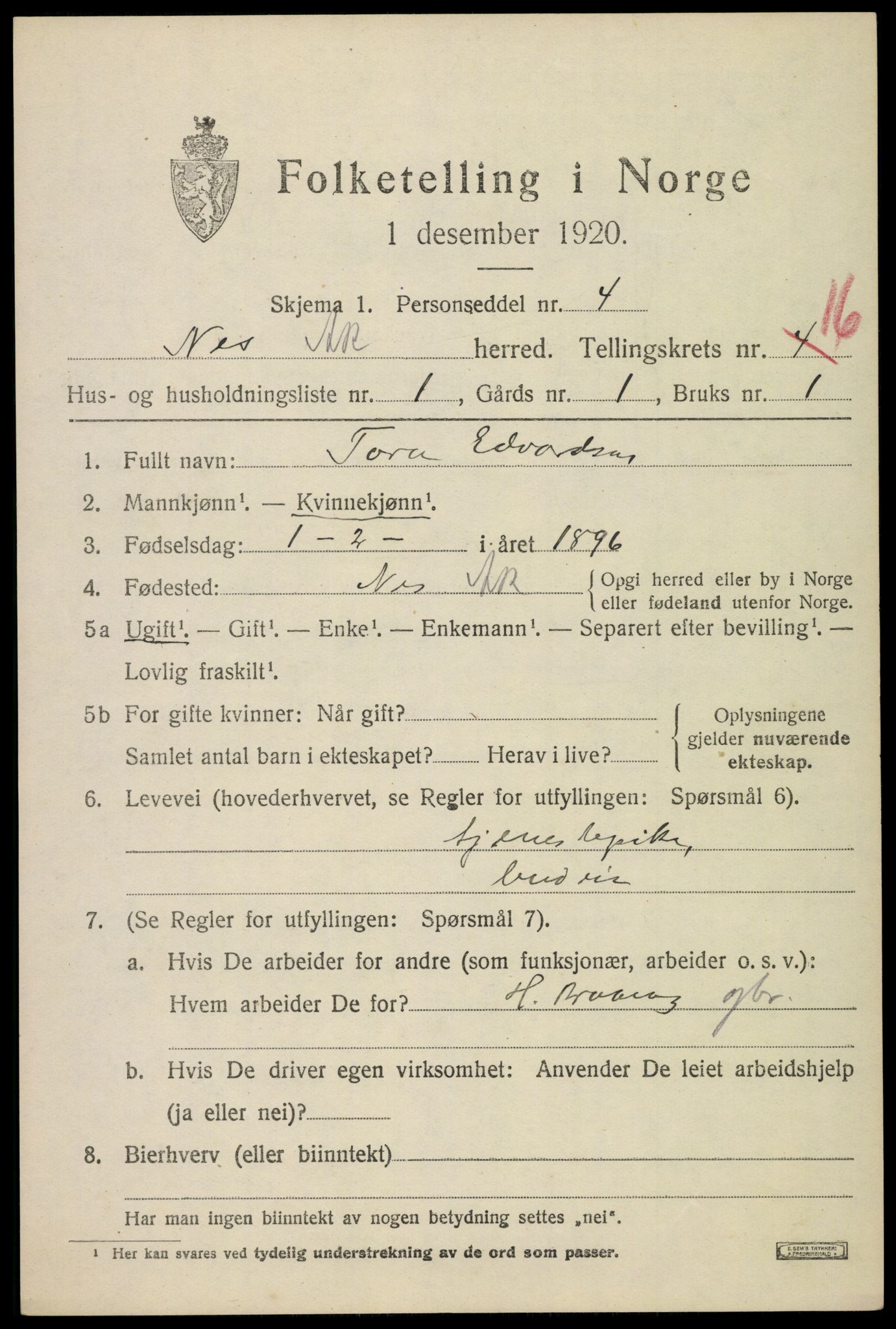 SAO, 1920 census for Nes, 1920, p. 15688