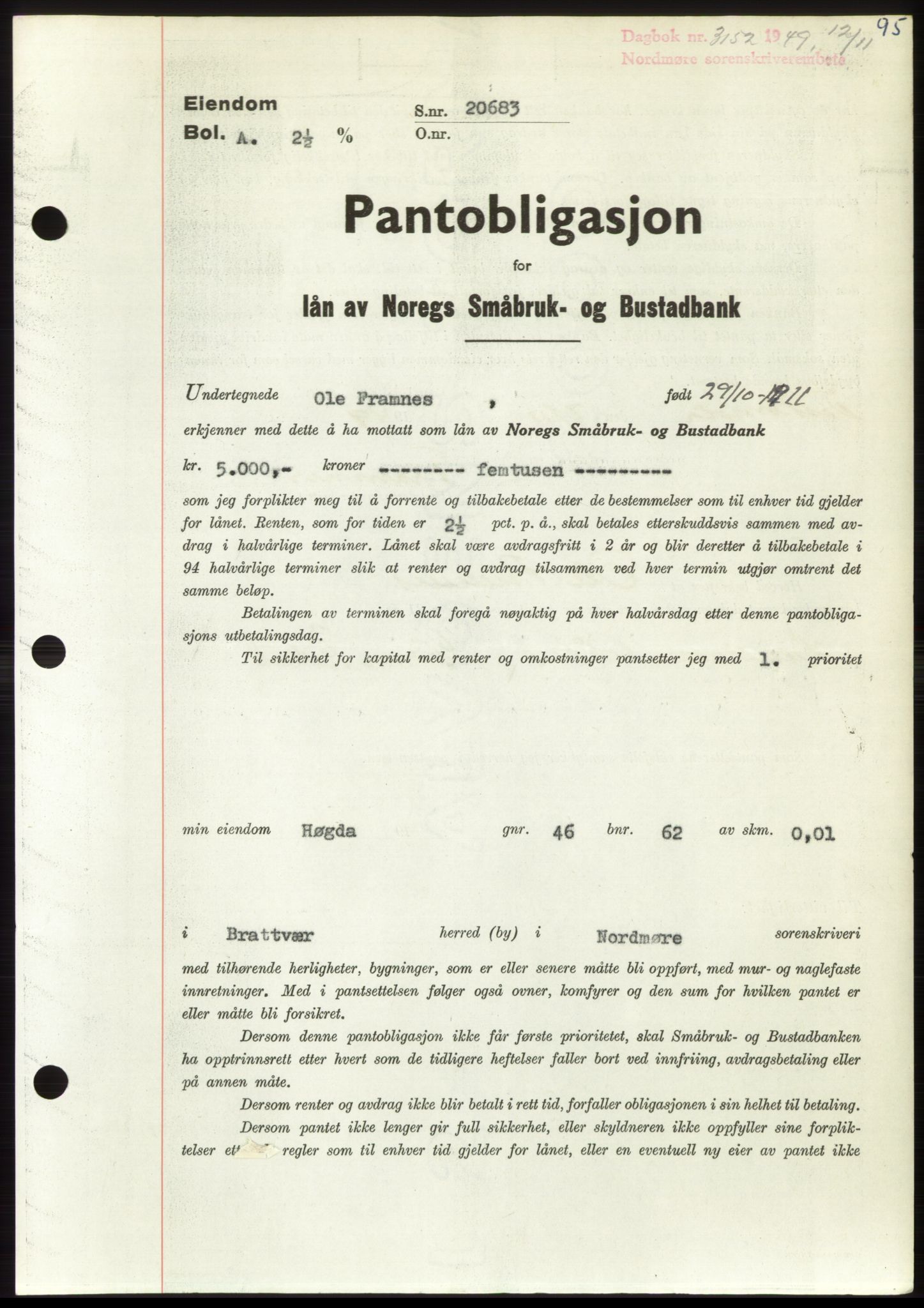 Nordmøre sorenskriveri, AV/SAT-A-4132/1/2/2Ca: Mortgage book no. B103, 1949-1950, Diary no: : 3152/1949