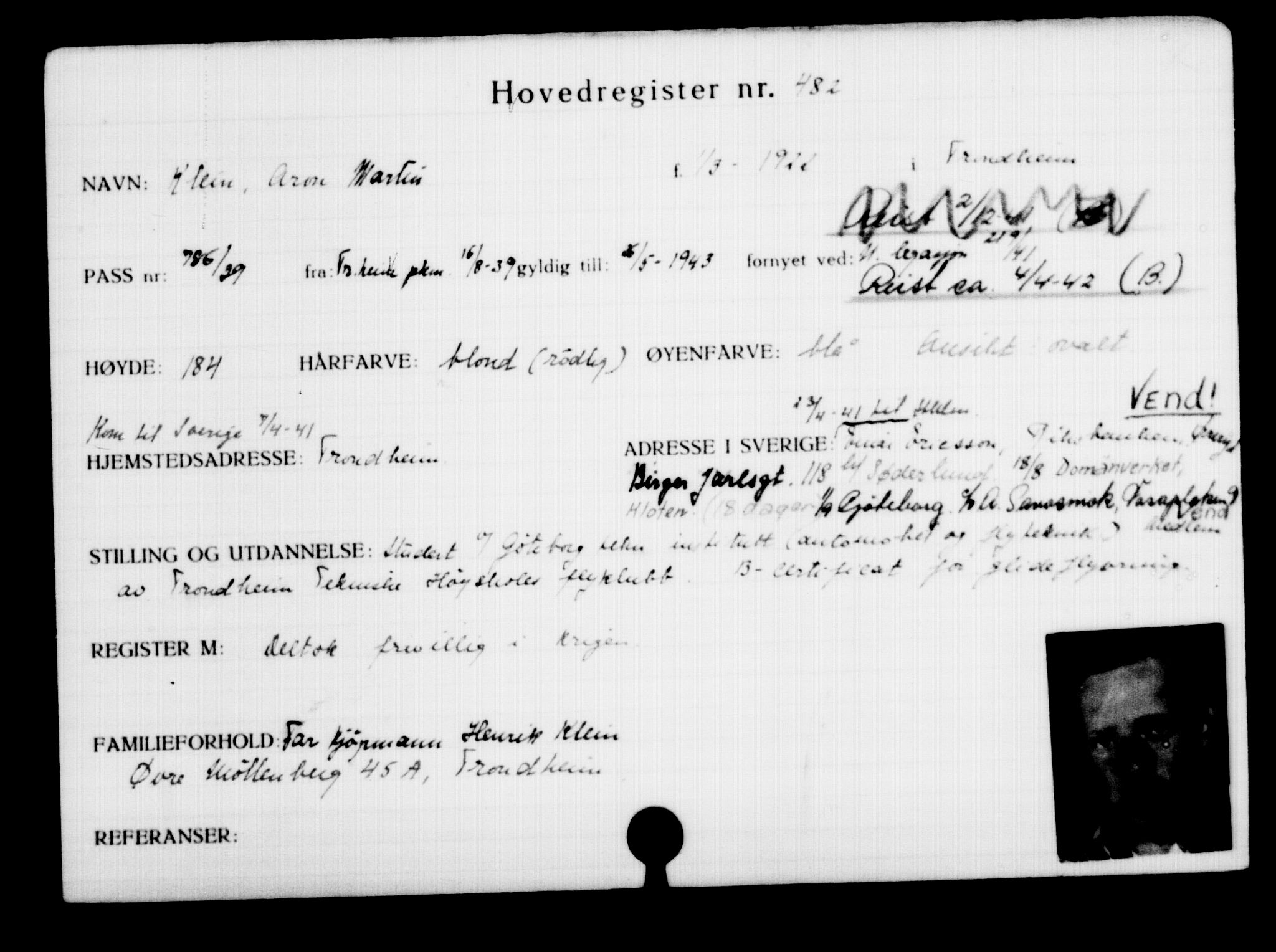 Utenriksstasjonene, Legasjonen i Stockholm, Flyktningkontoret, AV/RA-S-6753/V/Va/L0001: Kjesäterkartoteket, flyktninger med registreringsnr. 1-1000, 1940-1945, p. 746