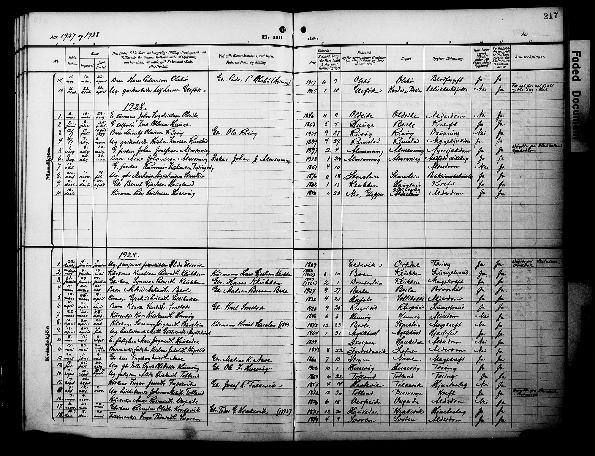 Davik sokneprestembete, AV/SAB-A-79701/H/Hab/Habc/L0003: Parish register (copy) no. C 3, 1907-1929, p. 217