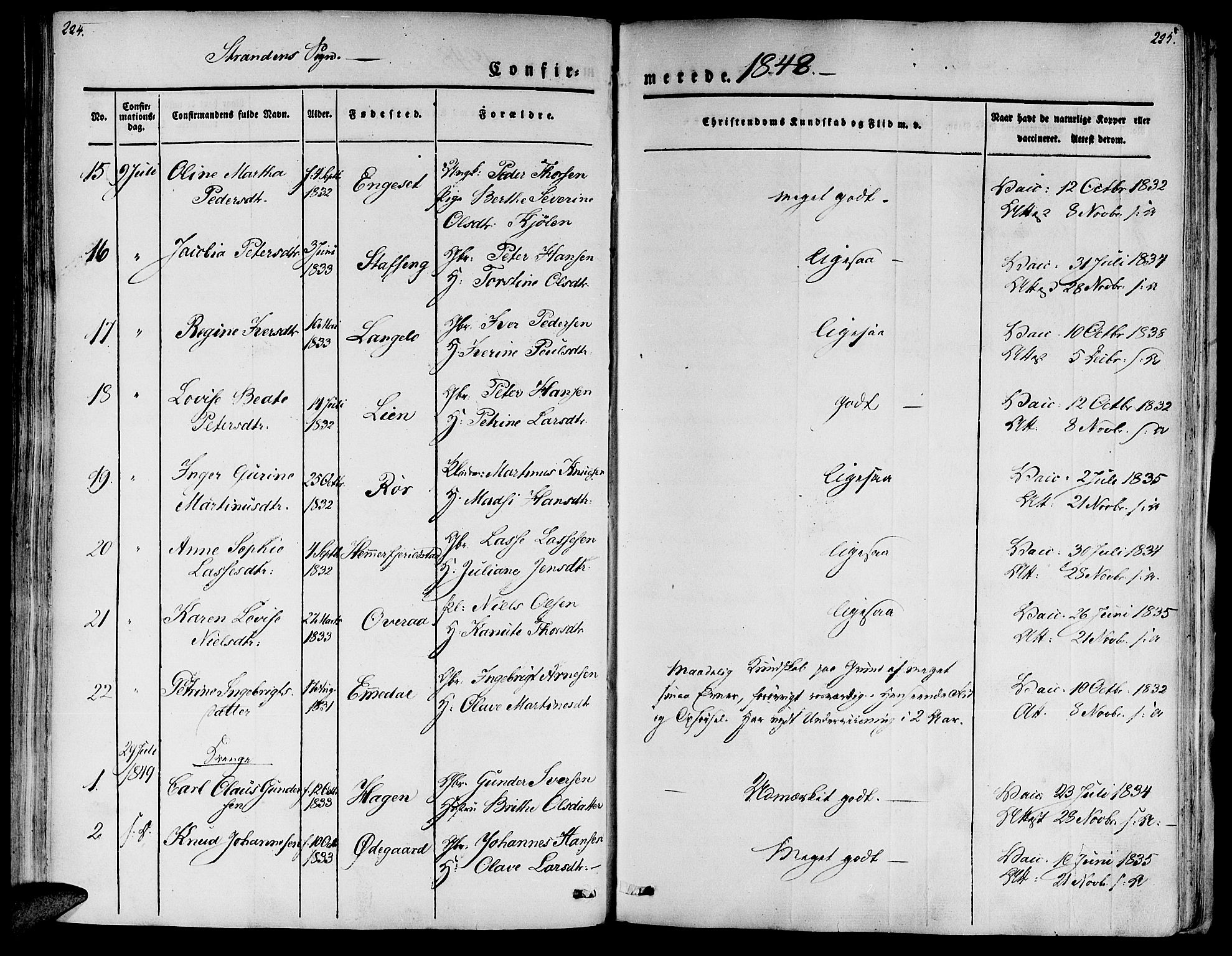 Ministerialprotokoller, klokkerbøker og fødselsregistre - Møre og Romsdal, SAT/A-1454/520/L0274: Parish register (official) no. 520A04, 1827-1864, p. 224-225
