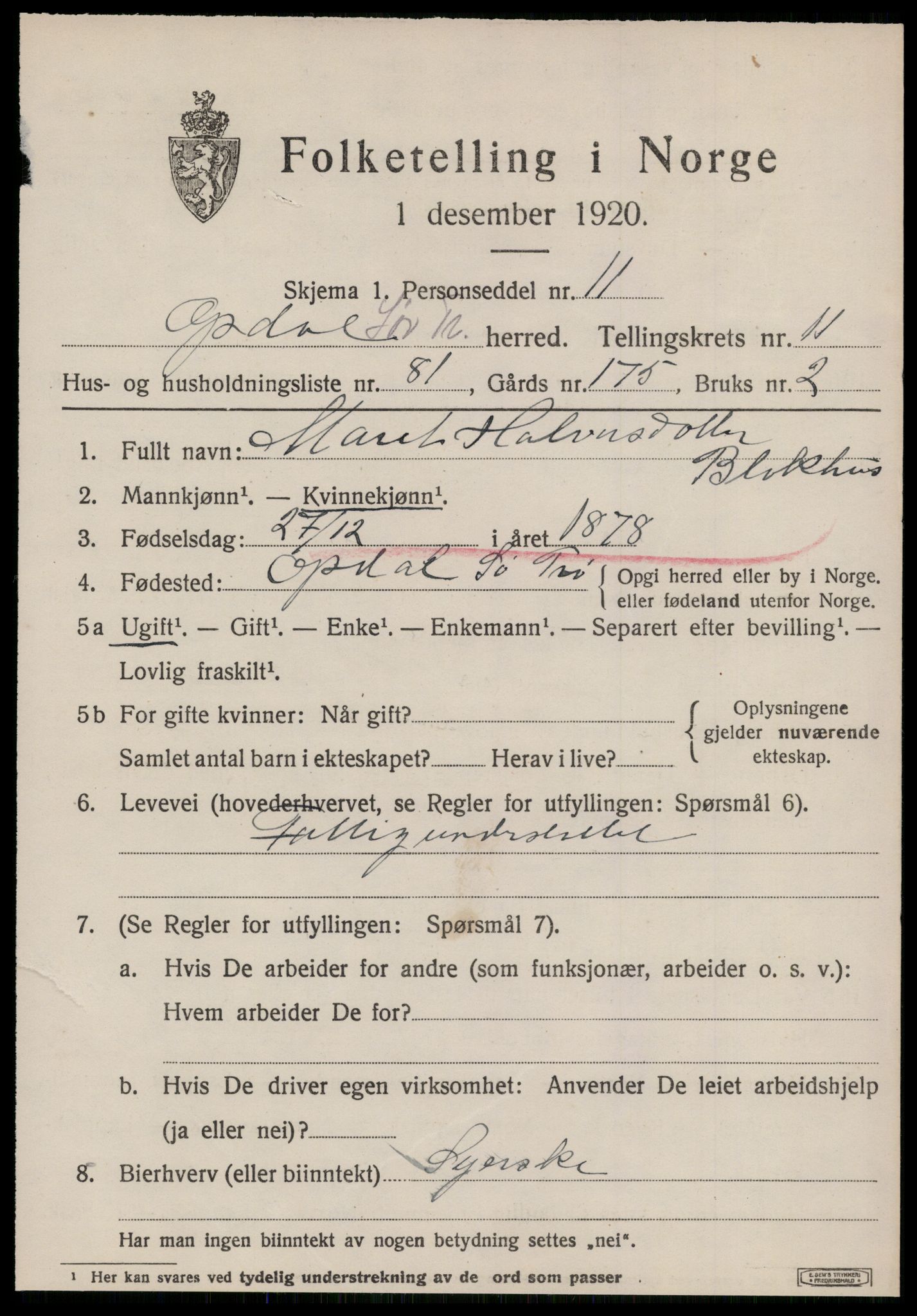 SAT, 1920 census for Oppdal, 1920, p. 10175