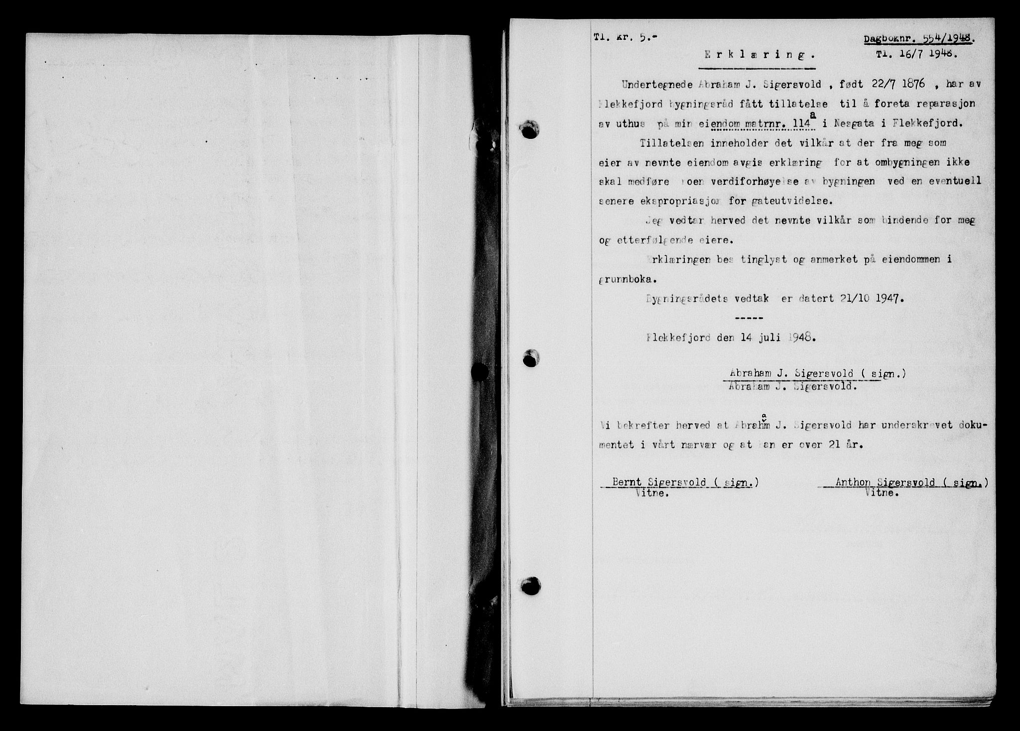 Flekkefjord sorenskriveri, SAK/1221-0001/G/Gb/Gba/L0064: Mortgage book no. A-12, 1948-1949, Diary no: : 554/1948