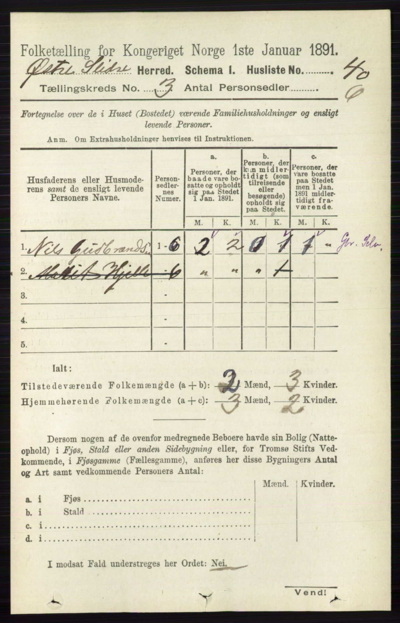 RA, 1891 census for 0544 Øystre Slidre, 1891, p. 589