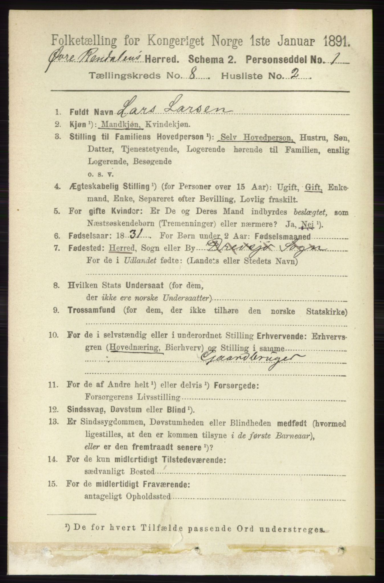 RA, 1891 census for 0433 Øvre Rendal, 1891, p. 2000