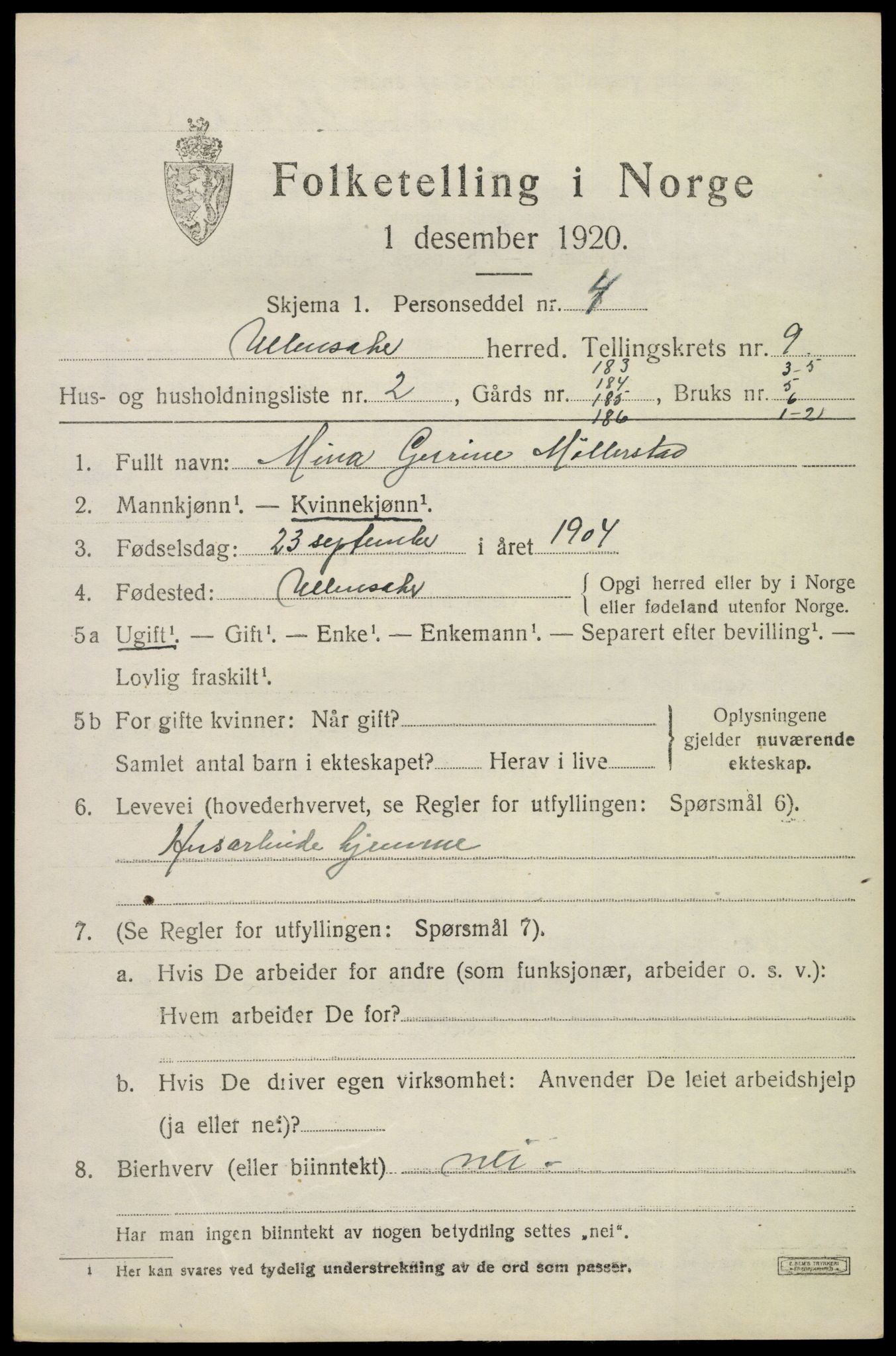 SAO, 1920 census for Ullensaker, 1920, p. 15407