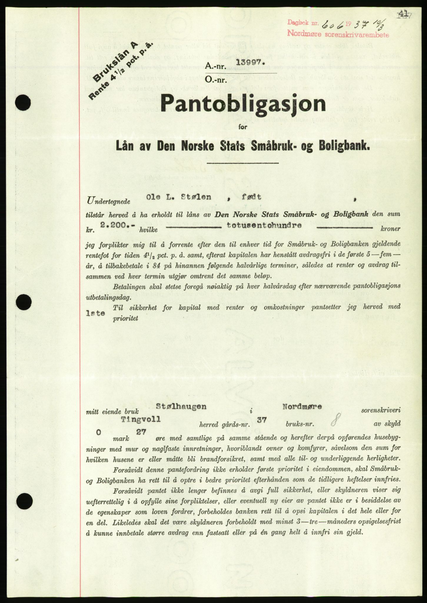 Nordmøre sorenskriveri, AV/SAT-A-4132/1/2/2Ca/L0091: Mortgage book no. B81, 1937-1937, Diary no: : 606/1937