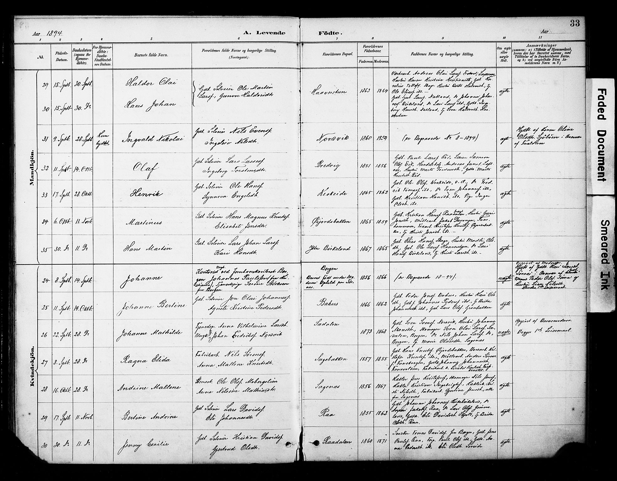 Fana Sokneprestembete, AV/SAB-A-75101/H/Haa/Haab/L0002: Parish register (official) no. B 2, 1890-1897, p. 33