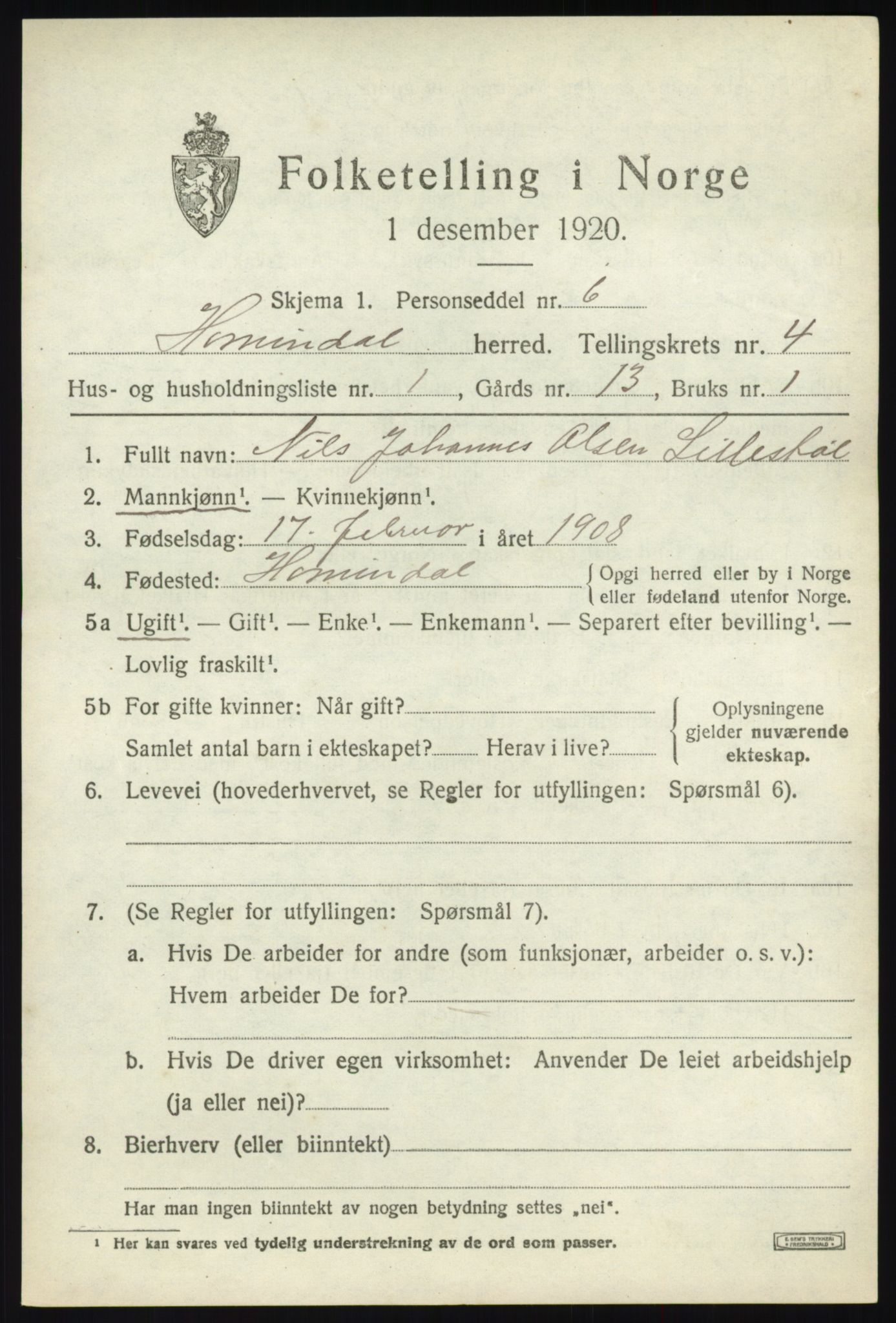 SAB, 1920 census for Hornindal, 1920, p. 1768