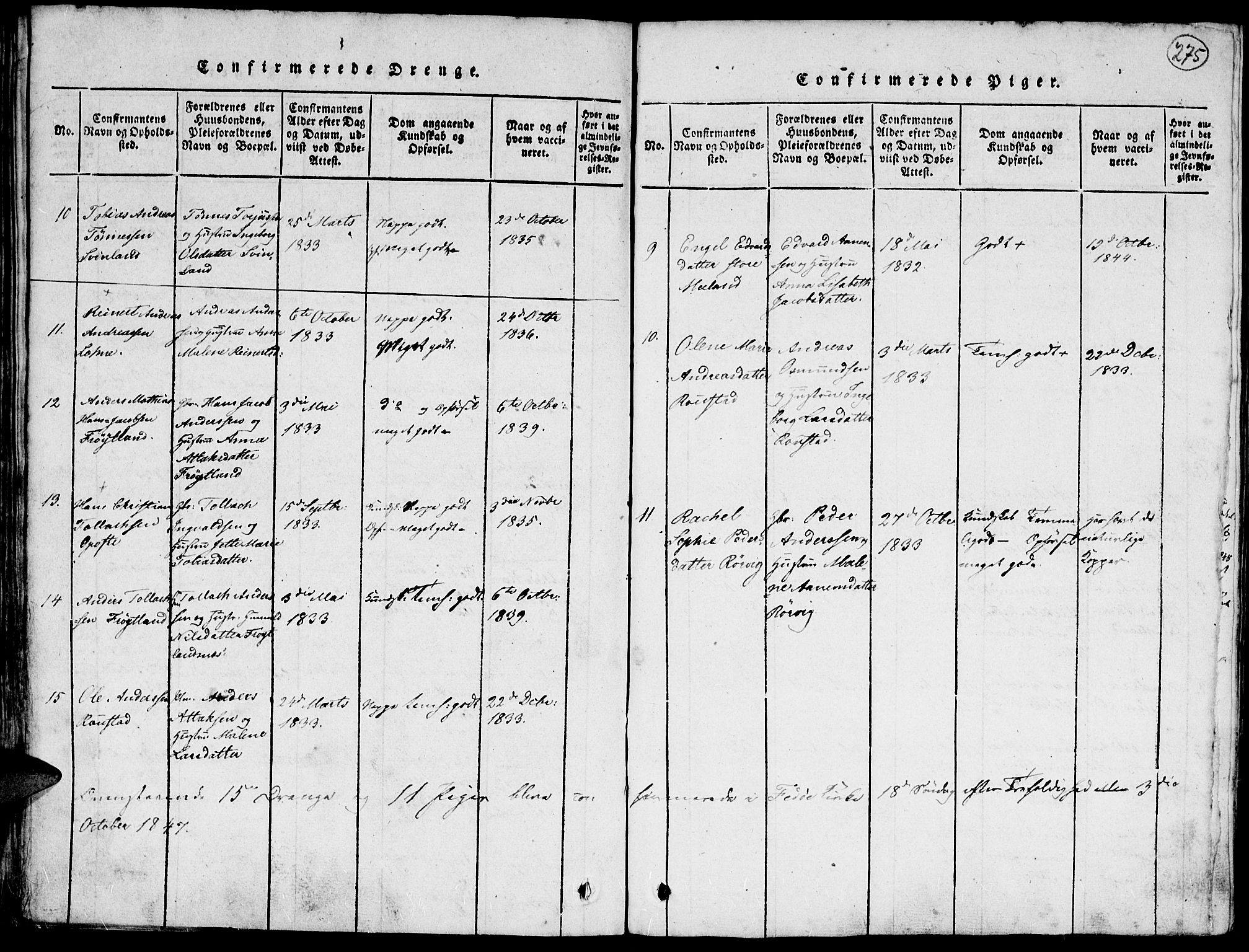 Kvinesdal sokneprestkontor, SAK/1111-0026/F/Fa/Faa/L0001: Parish register (official) no. A 1, 1815-1849, p. 275