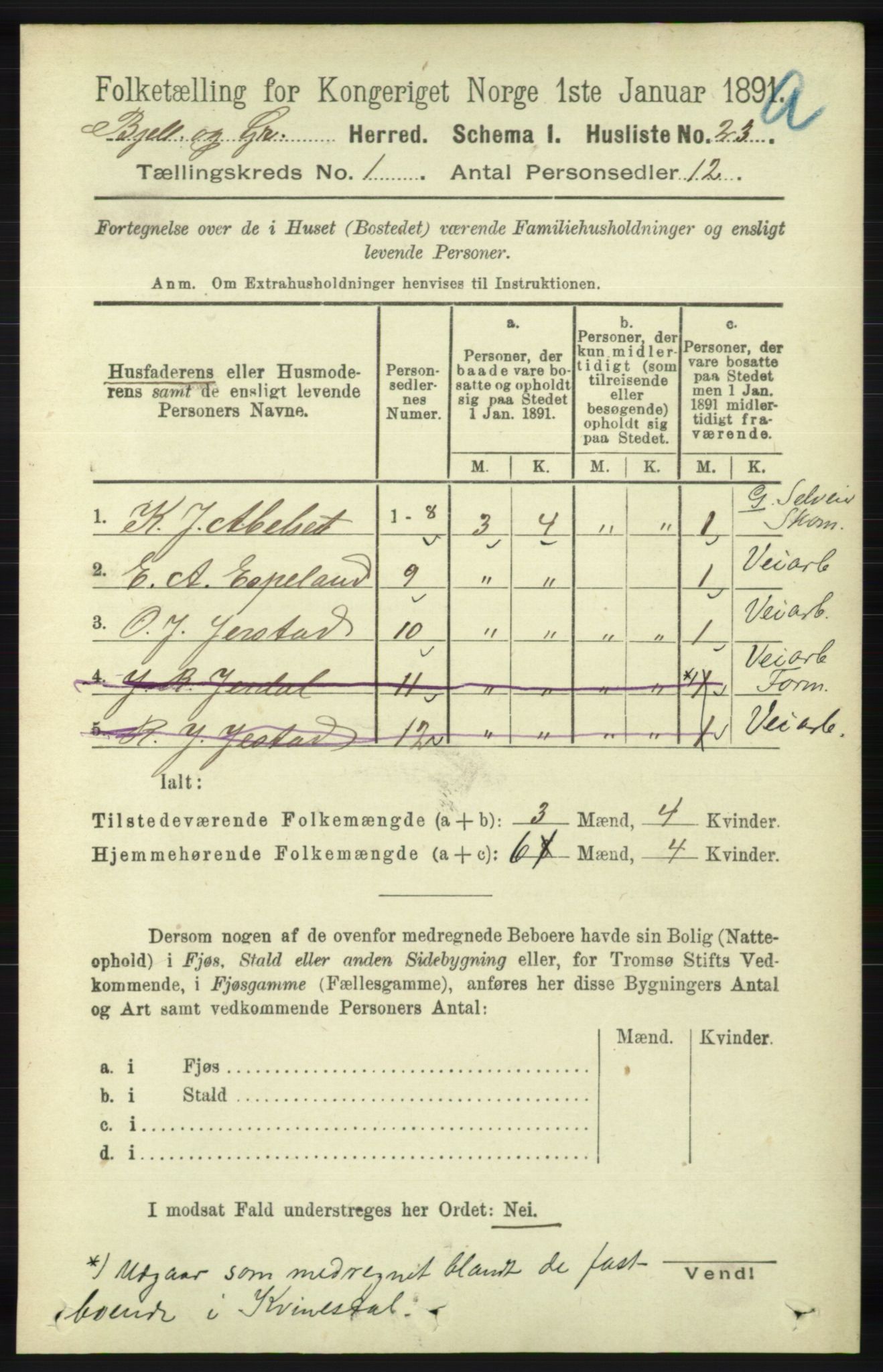 RA, 1891 census for 1024 Bjelland og Grindheim, 1891, p. 45