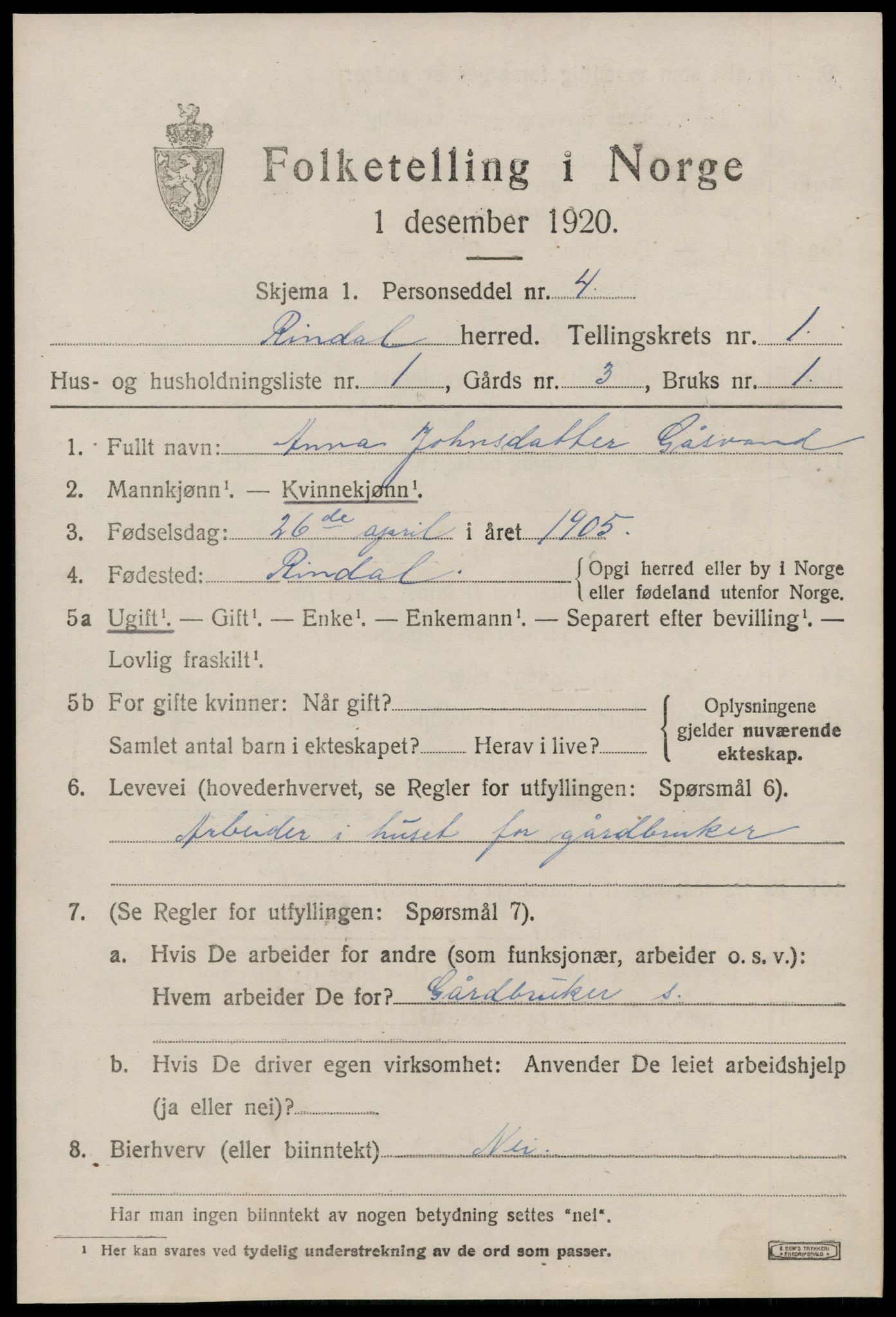 SAT, 1920 census for Rindal, 1920, p. 828