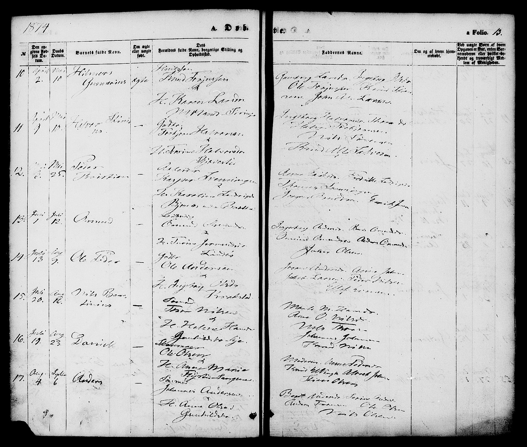 Austre Moland sokneprestkontor, AV/SAK-1111-0001/F/Fa/Faa/L0009: Parish register (official) no. A 9, 1869-1879, p. 13