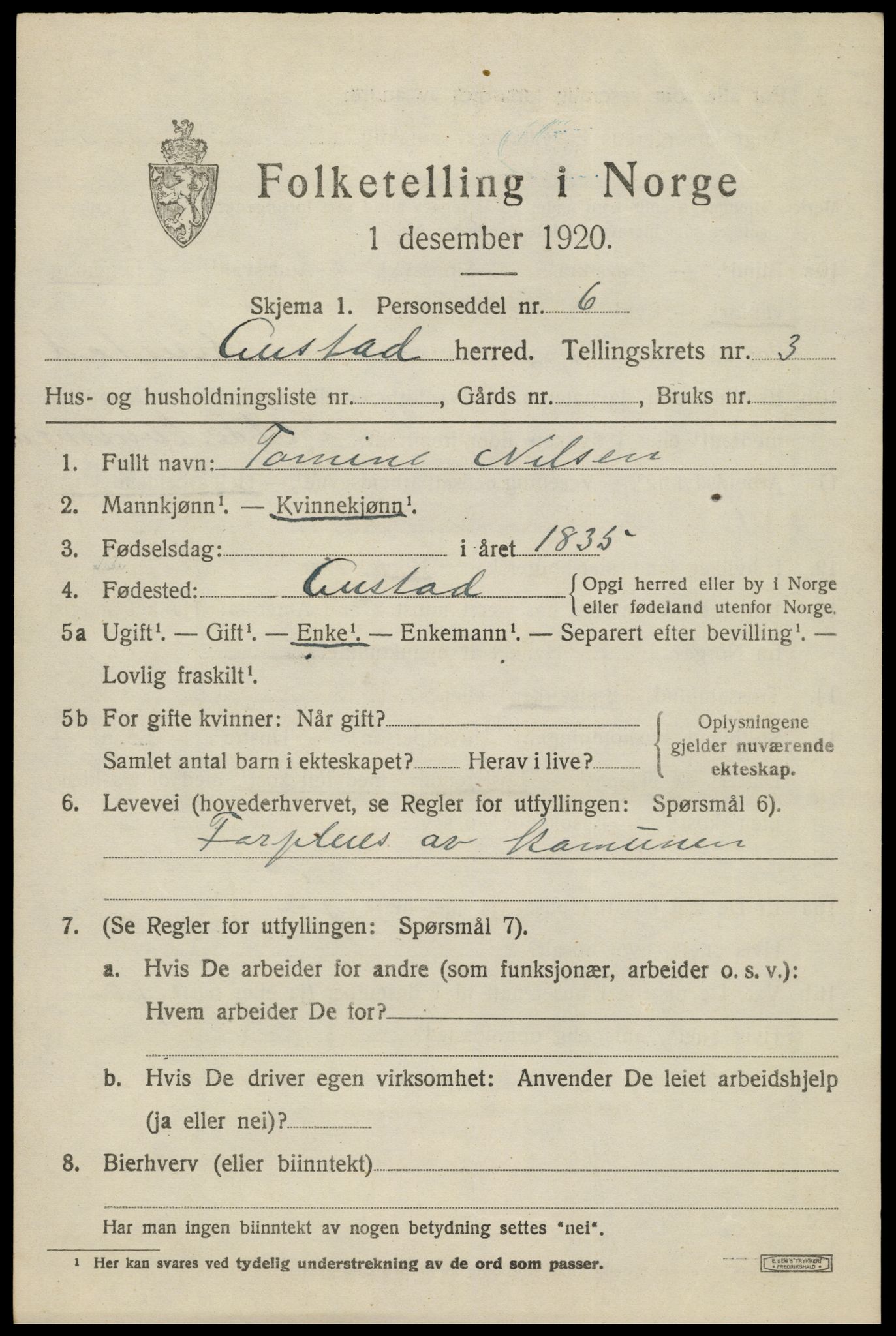 SAK, 1920 census for Austad, 1920, p. 1391