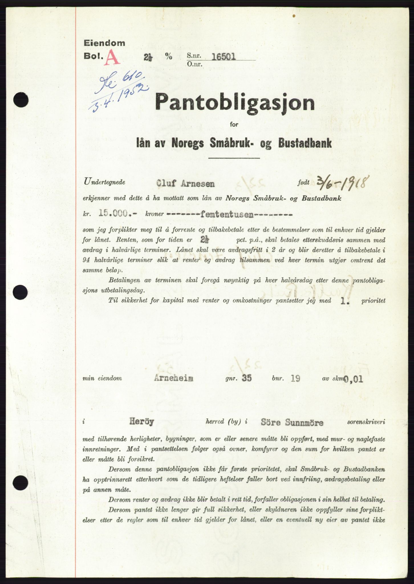 Søre Sunnmøre sorenskriveri, AV/SAT-A-4122/1/2/2C/L0121: Mortgage book no. 9B, 1951-1952, Diary no: : 610/1952