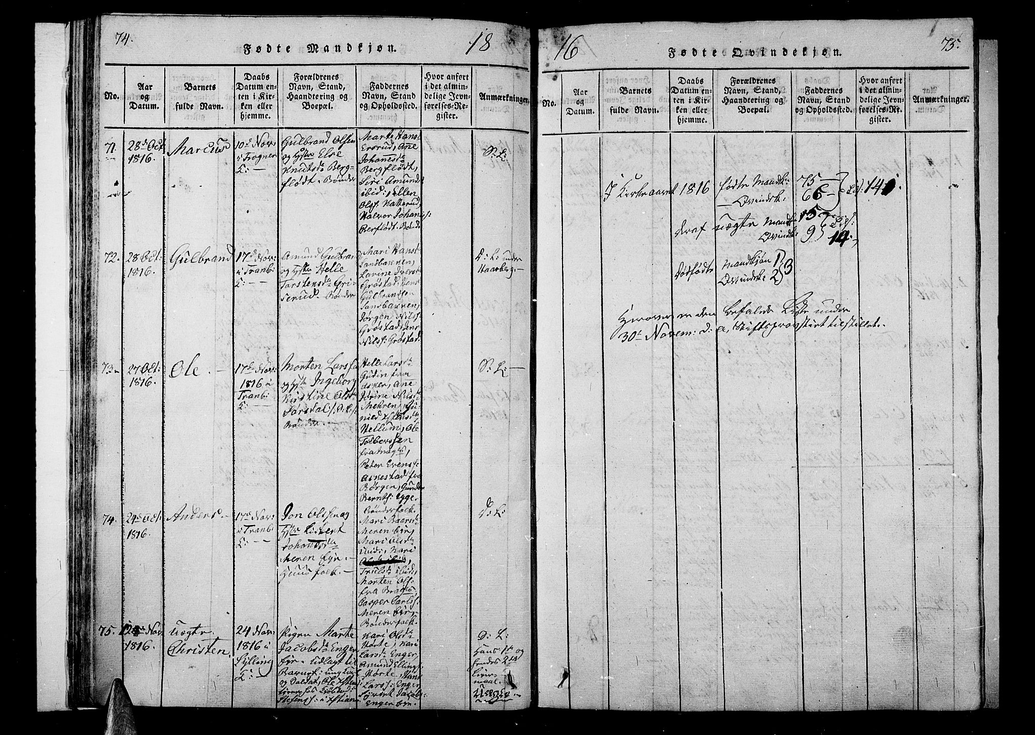 Lier kirkebøker, AV/SAKO-A-230/F/Fa/L0008: Parish register (official) no. I 8, 1813-1825, p. 74-75