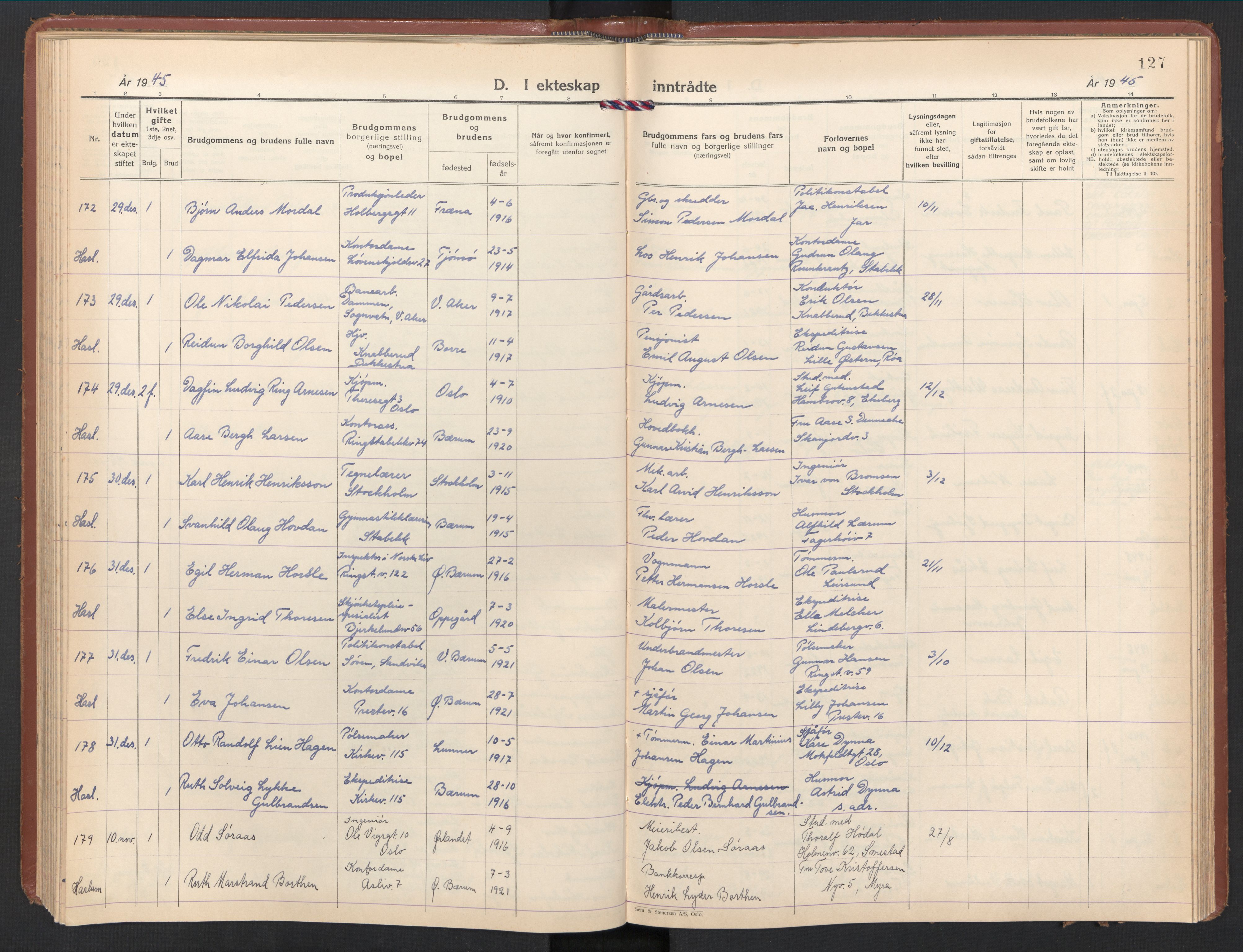 Østre Bærum prestekontor Kirkebøker, AV/SAO-A-10887/F/Fa/L0008: Parish register (official) no. 8, 1940-1948, p. 127