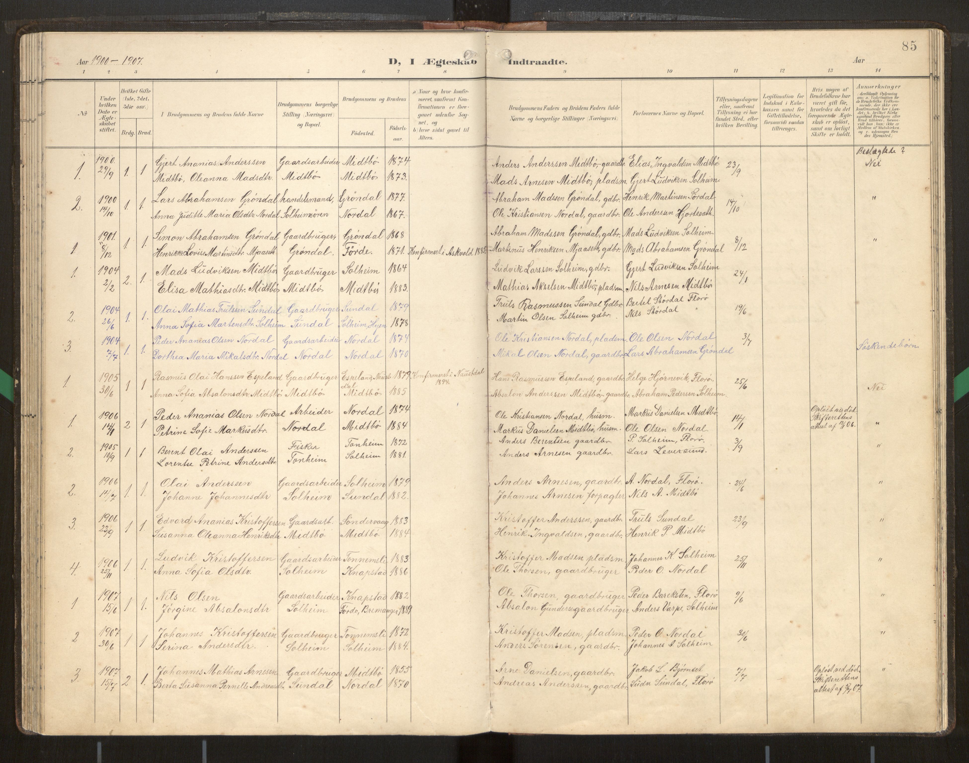 Kinn sokneprestembete, SAB/A-80801/H/Hab/Habd/L0001: Parish register (copy) no. D 1, 1898-1946, p. 85