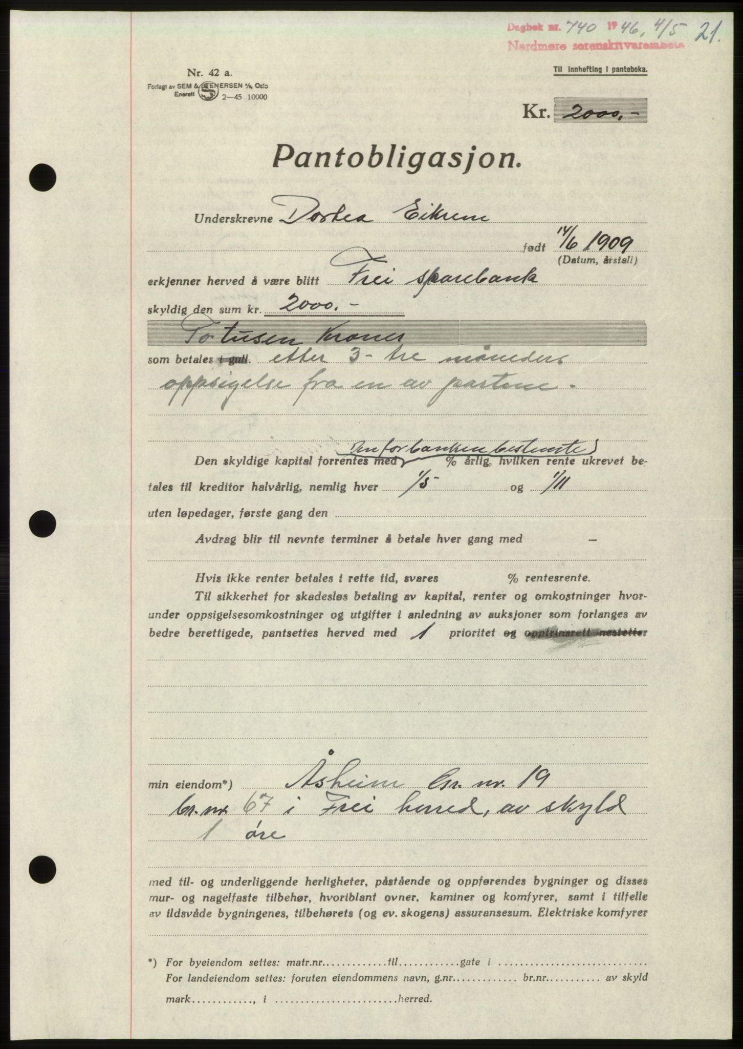 Nordmøre sorenskriveri, AV/SAT-A-4132/1/2/2Ca: Mortgage book no. B94, 1946-1946, Diary no: : 740/1946