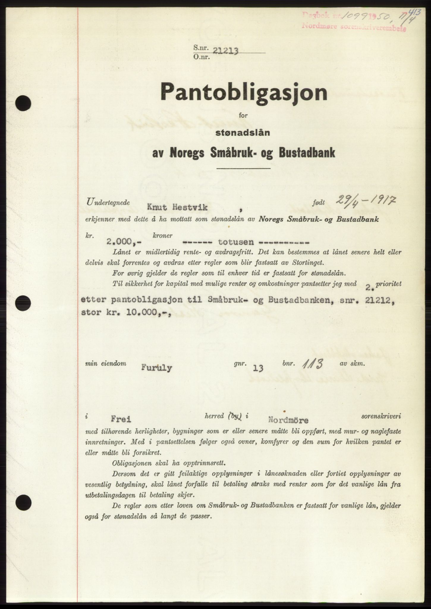 Nordmøre sorenskriveri, AV/SAT-A-4132/1/2/2Ca: Mortgage book no. B104, 1950-1950, Diary no: : 1099/1950