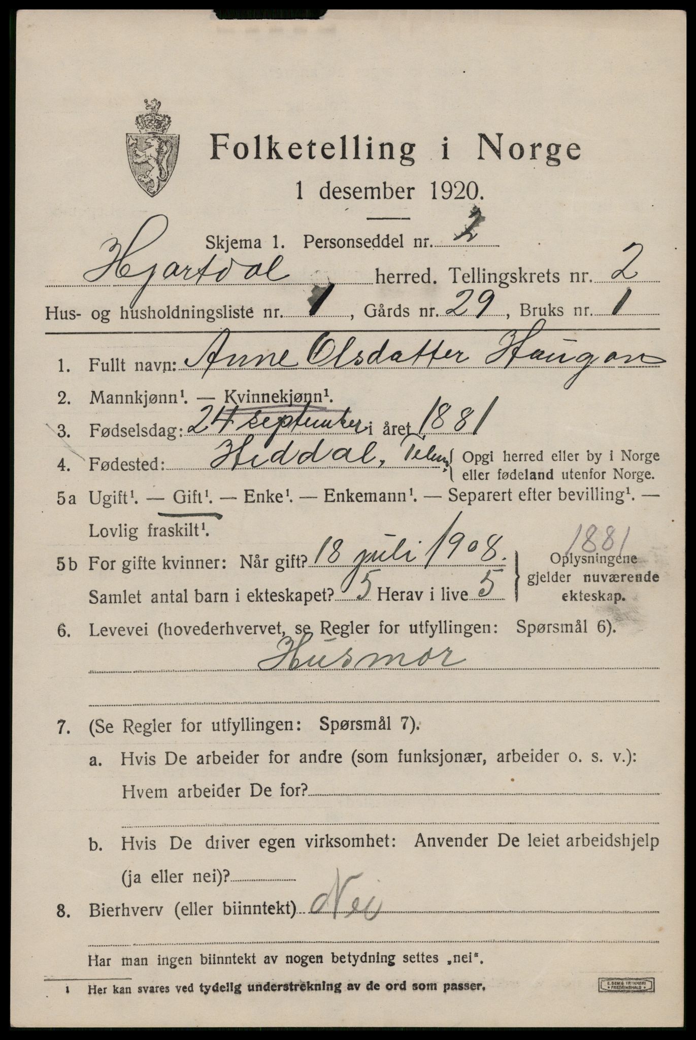 SAKO, 1920 census for Hjartdal, 1920, p. 1832