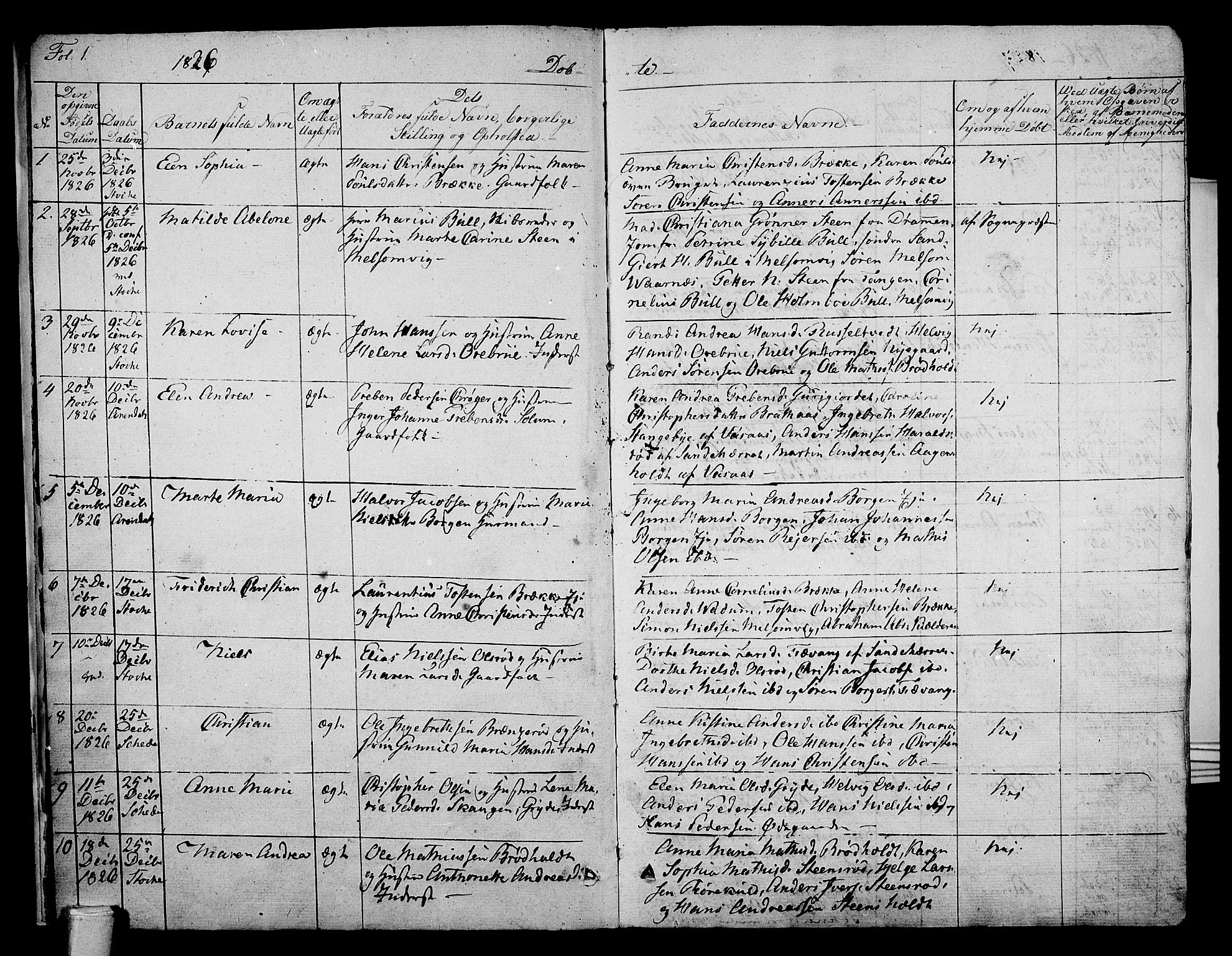 Stokke kirkebøker, SAKO/A-320/F/Fa/L0006: Parish register (official) no. I 6, 1826-1843, p. 1
