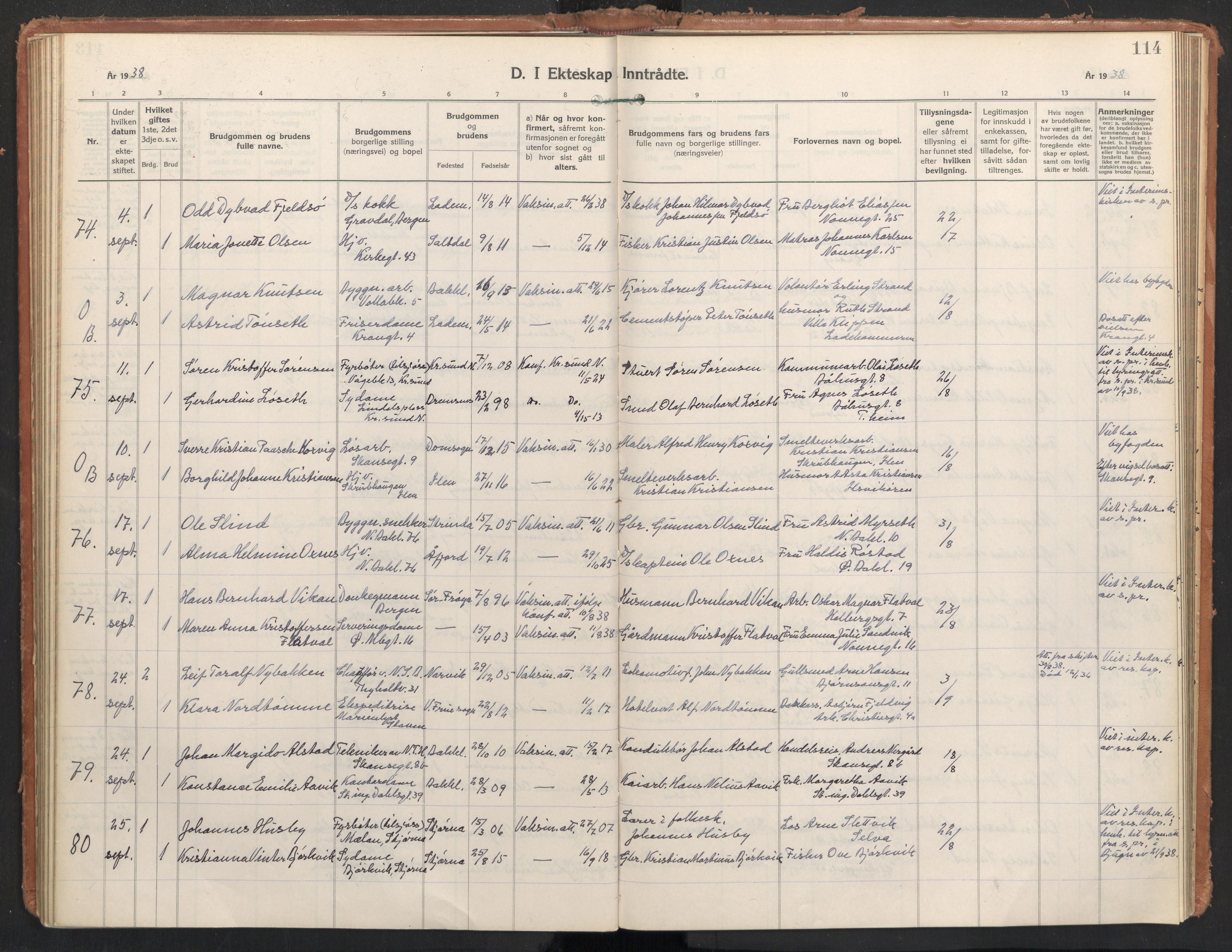 Ministerialprotokoller, klokkerbøker og fødselsregistre - Sør-Trøndelag, AV/SAT-A-1456/604/L0209: Parish register (official) no. 604A29, 1931-1945, p. 114