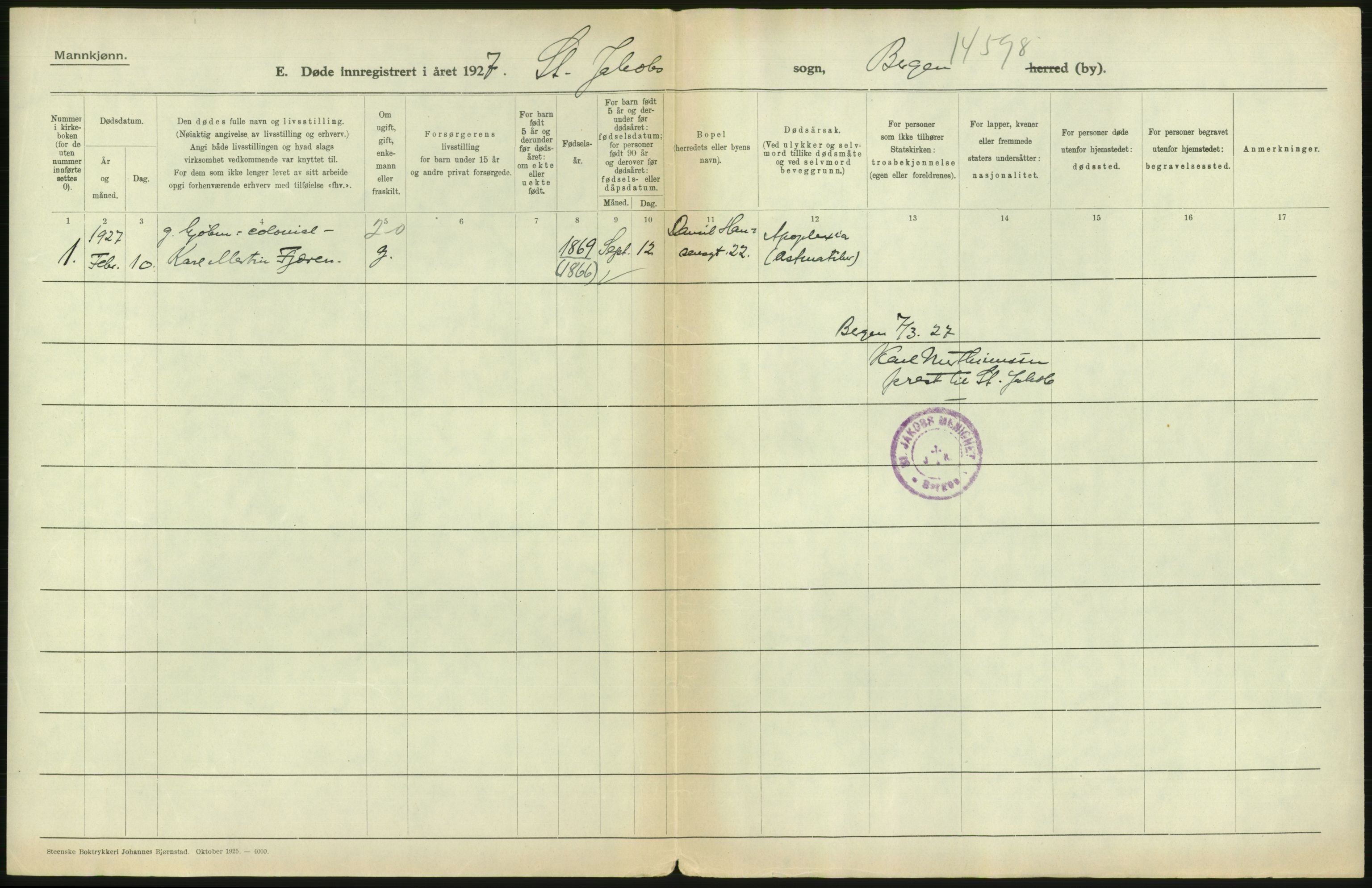 Statistisk sentralbyrå, Sosiodemografiske emner, Befolkning, RA/S-2228/D/Df/Dfc/Dfcg/L0028: Bergen: Gifte, døde., 1927, p. 634