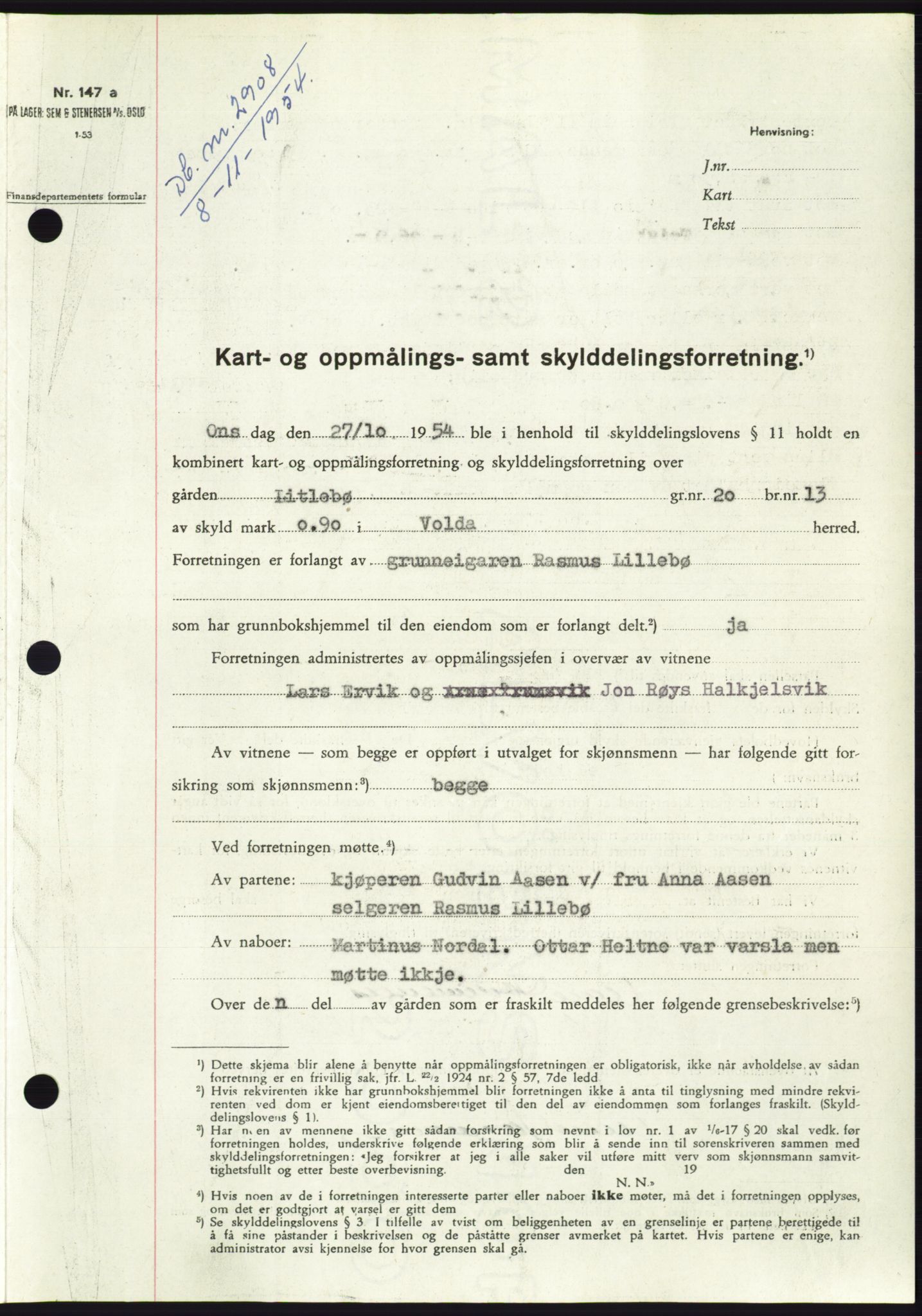 Søre Sunnmøre sorenskriveri, AV/SAT-A-4122/1/2/2C/L0099: Mortgage book no. 25A, 1954-1954, Diary no: : 2908/1954