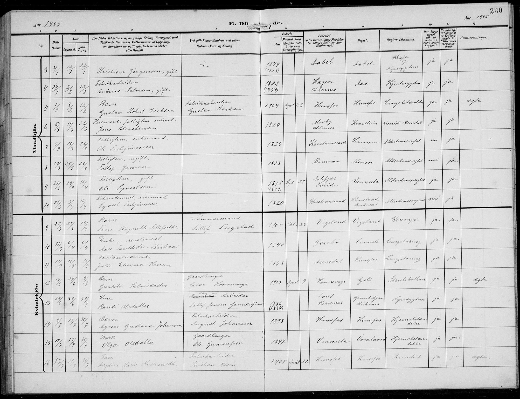 Vennesla sokneprestkontor, AV/SAK-1111-0045/Fb/Fbb/L0005: Parish register (copy) no. B 5, 1903-1913, p. 230